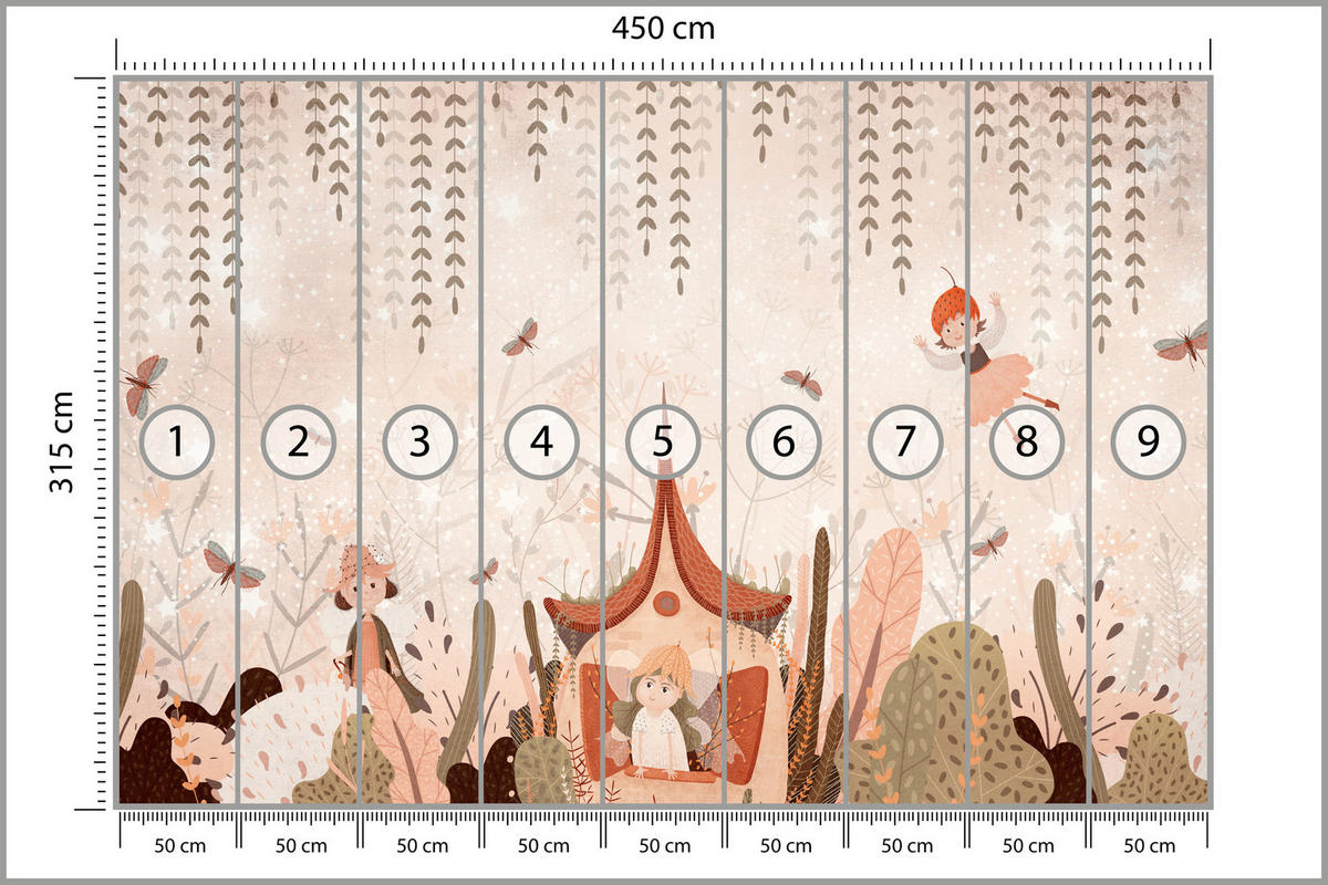 FOTOTAPETE für Kinderzimmer Feen Aquarell Wald Blumen Blätter Boho 450x315 - Beige/Orange, Papier (450/315cm) - Muralo