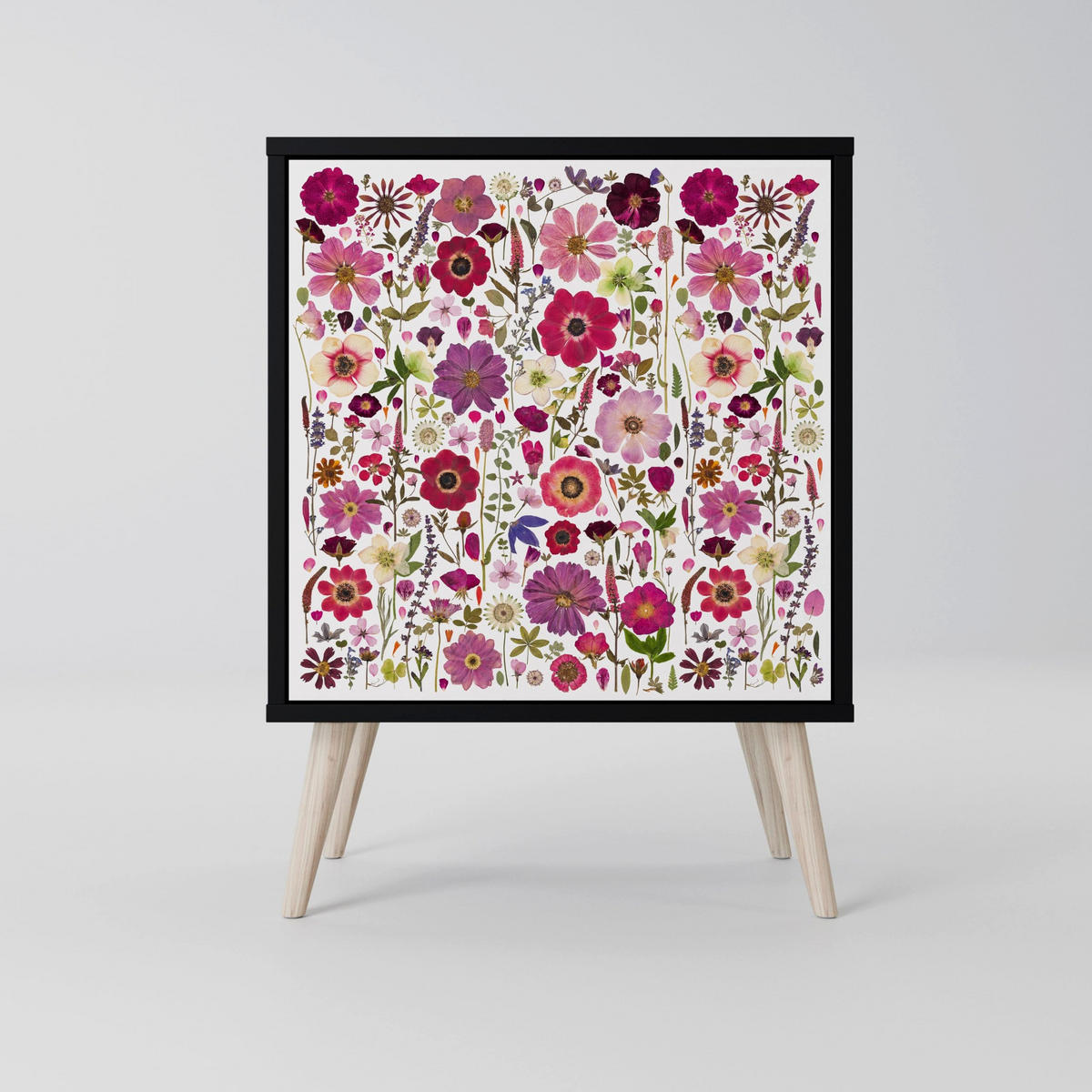 SIDEBOARD PETAL GARDEN, Schwarz, 57,5x42x75,5 cm, Goldfarbene Metallfüße - Goldfarben/Multicolor, Holzwerkstoff/Metall (57.5/75.5/42cm) - SpaceRebels