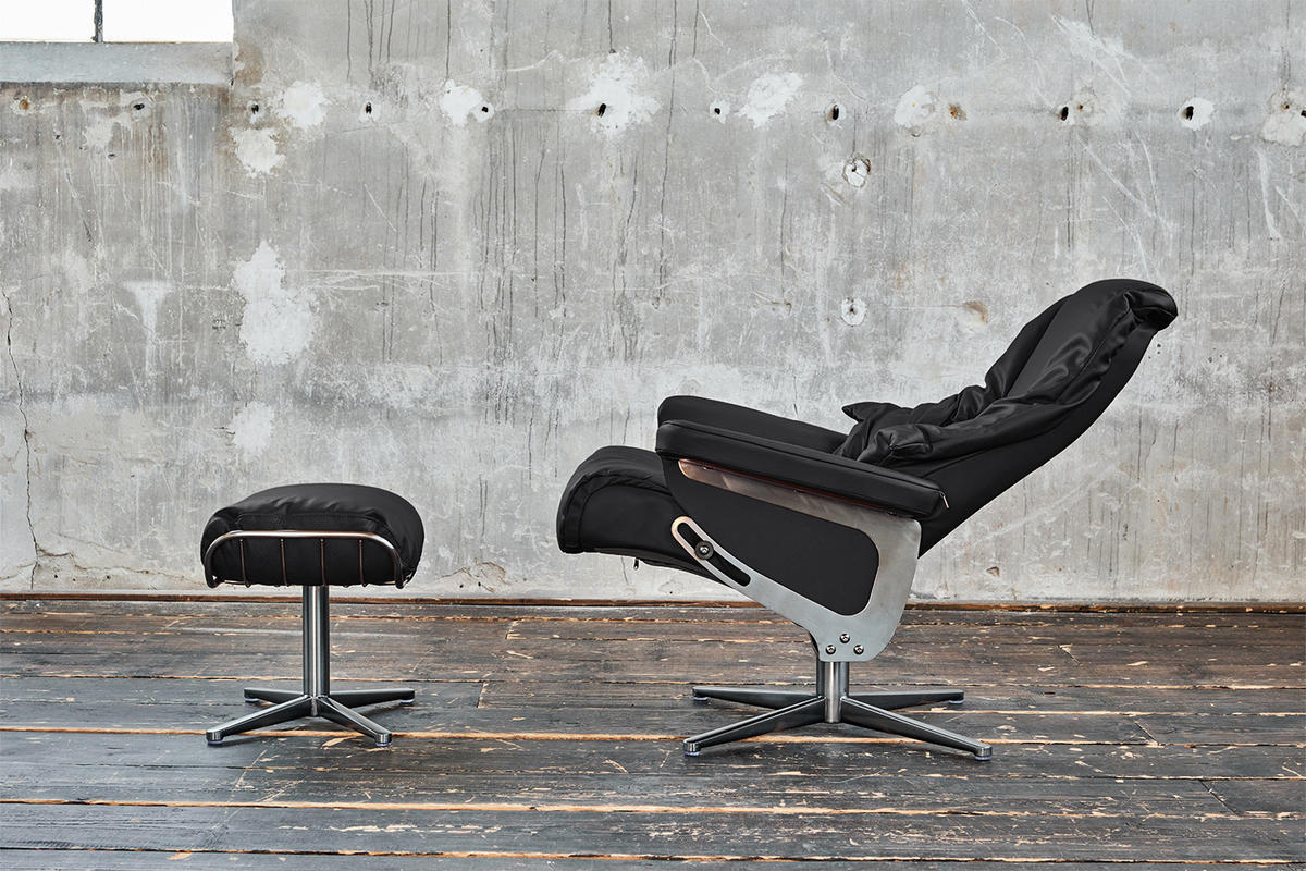 RELAXSESSEL MIT HOCKER MODO Schwarz Leder - Silberfarben/Schwarz, Leder/Metall (81/98/90cm) - KAWOLA