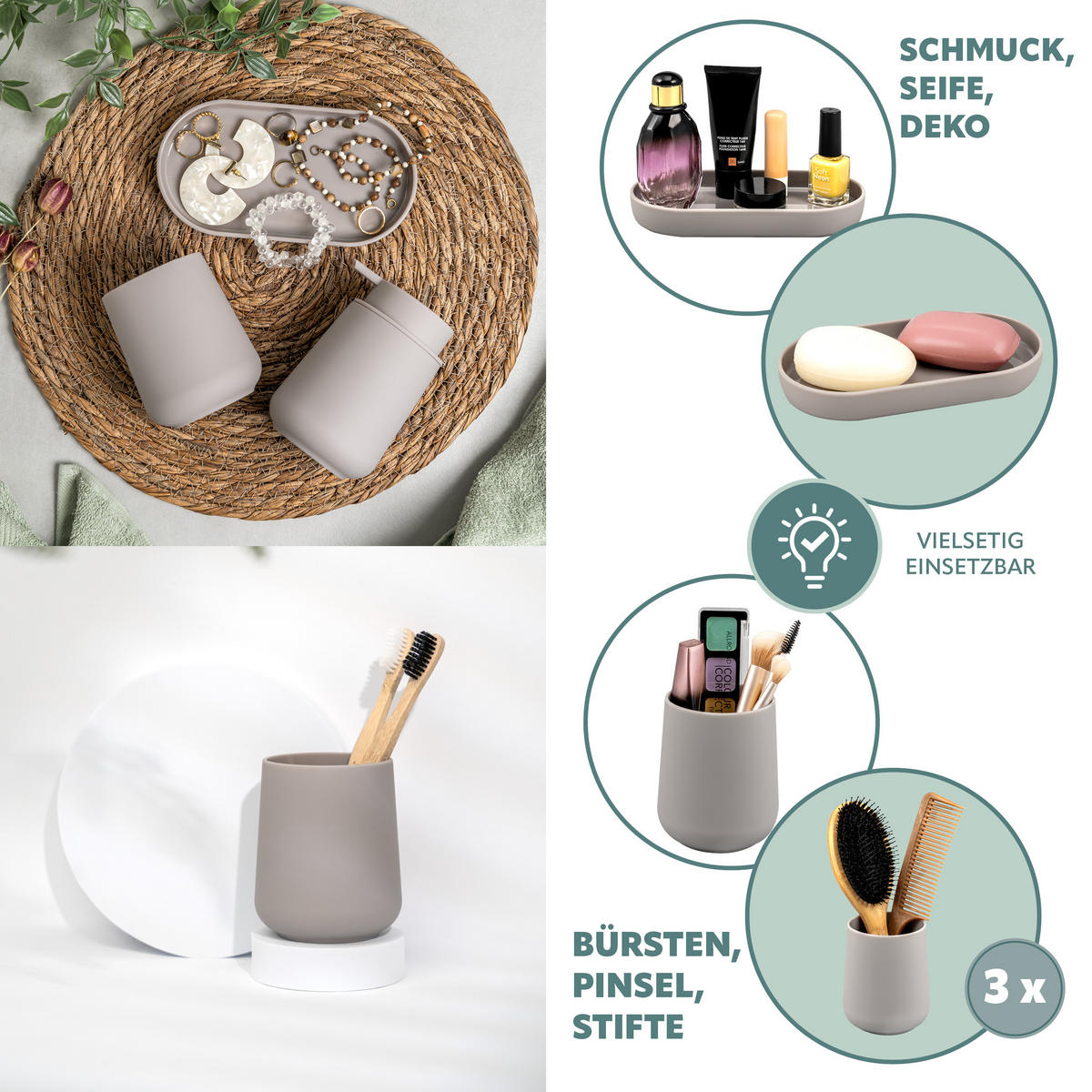 BAD-ACCESSOIRES-SET TESERO 5tlg., Soft-Touch, taupe - Taupe, Kunststoff (8.5/12/9cm) - eluno