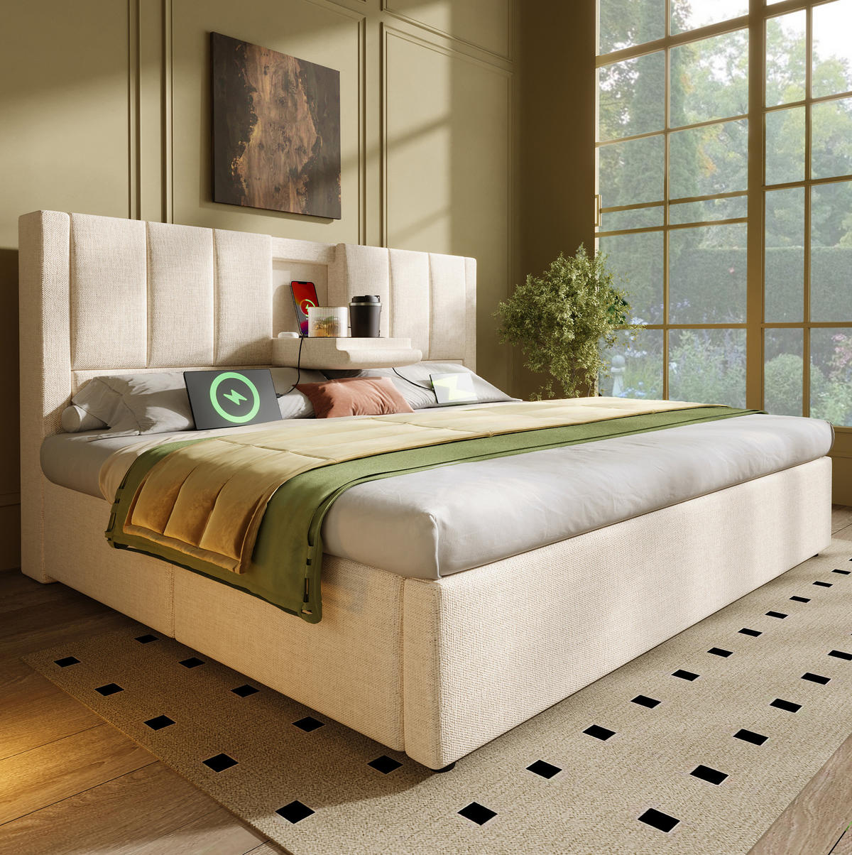POLSTERBETT mit Stauraum und Ladestation 160x200 cm Leinen Beige - Beige, Metall (160/200cm) - Meubliv