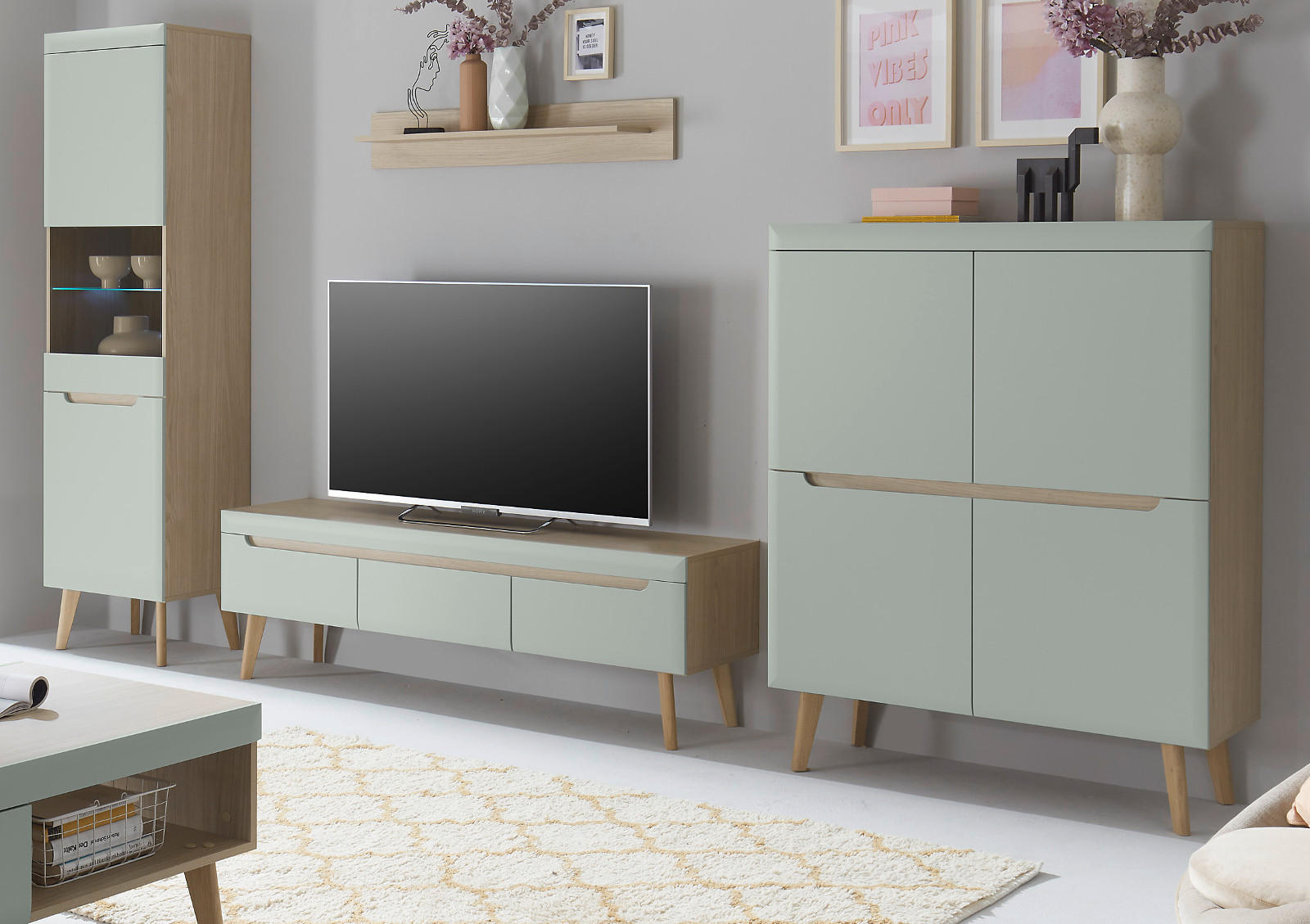 WOHNWAND 4-teilig pistazie grün, Eiche, skandinavisch 360 x 197 cm, Schrankwand mit Soft-Close - Eichefarben/Pastellgrün, Glas/Eichenholz (360/197/40cm) - Furn.Design