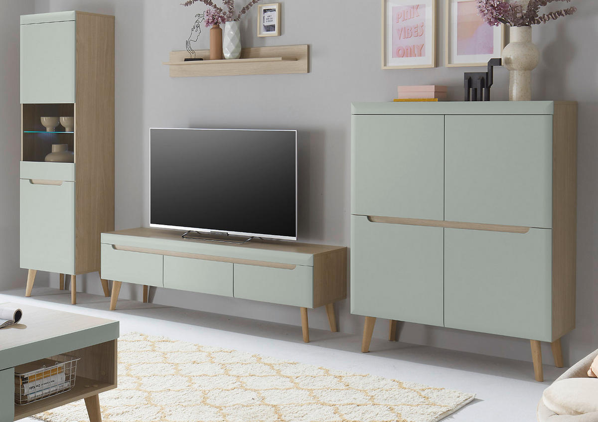 WOHNWAND 4-teilig pistazie grün, Eiche, skandinavisch 360 x 197 cm, Schrankwand mit Soft-Close - Eichefarben/Pastellgrün, Glas/Eichenholz (360/197/40cm) - Furn.Design
