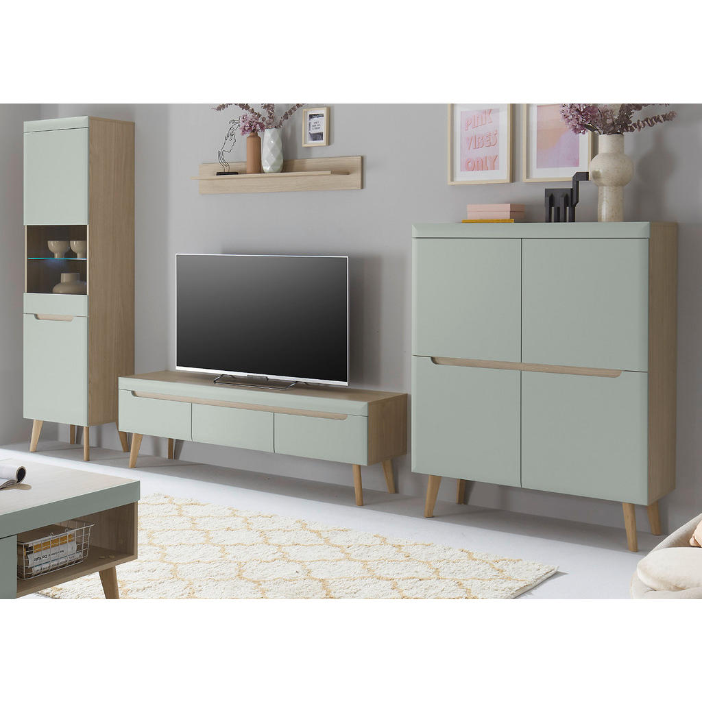Thumbnail - Furn.Design Wohnwand, Eiche, Pastellgrün, Holzwerkstoff, Nachbildung, Echtholz,Eiche, Uni, Holz Optik, 7 Fächer, 3 Schub...