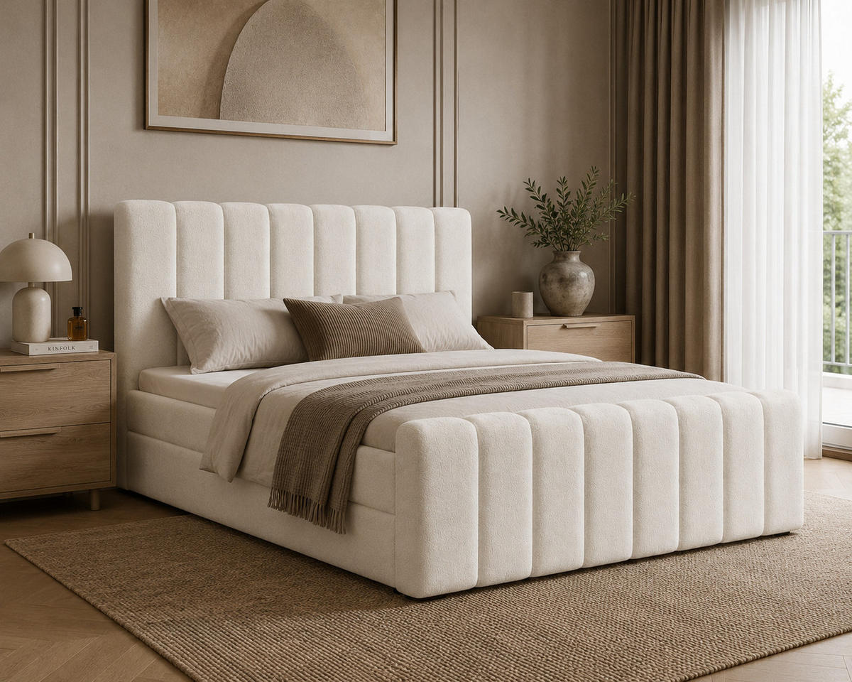 BOXBETT 01 BIS 160 x 200 cm - Vibe - Modernes Polsterbett mit Bettkasten inkl. PU-Schaum-Topper und Federmechanismus - Creme, Holz (160/200cm) - ROYAL24_MARKT