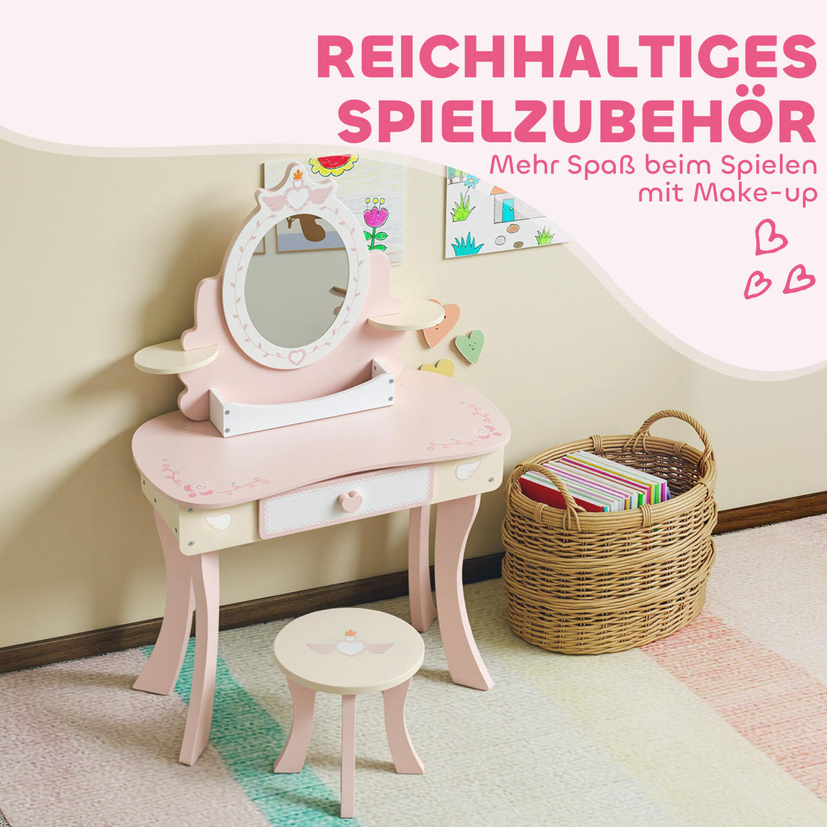 SCHMINKTISCH Kinder, Schminktisch-Set mit Hocker Schublade abnehmbarem Spiegel - Rosa, Holz/Holzwerkstoff (29.6/89.8/59.8cm) - AIYAPLAY