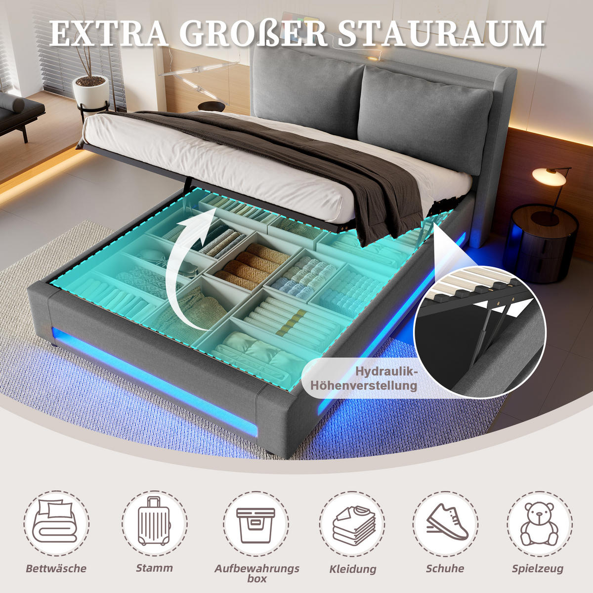 POLSTERBETT 140x200 cm LED USB Stauraum - Dunkelgrau, Textil (140/200cm) - LEBENLANG