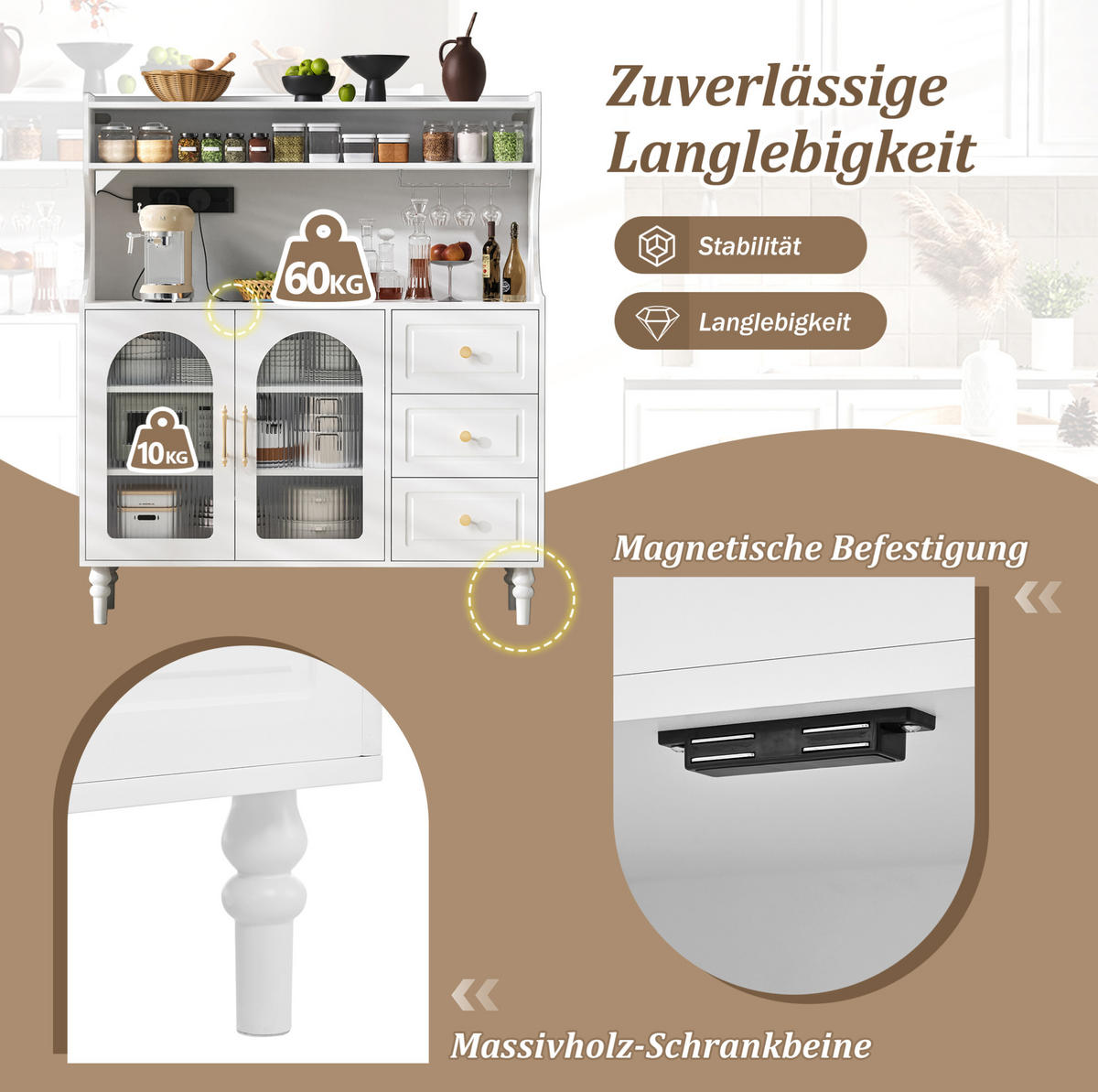 BUFFETSCHRANK 120/40/138,5 cm mit Steckdose, USB- und USB-C-Anschluss, Glashalter und 3 Schubladen, MDF, Weiß - Weiß, Holzwerkstoff (120/138.5/40cm) - Redom