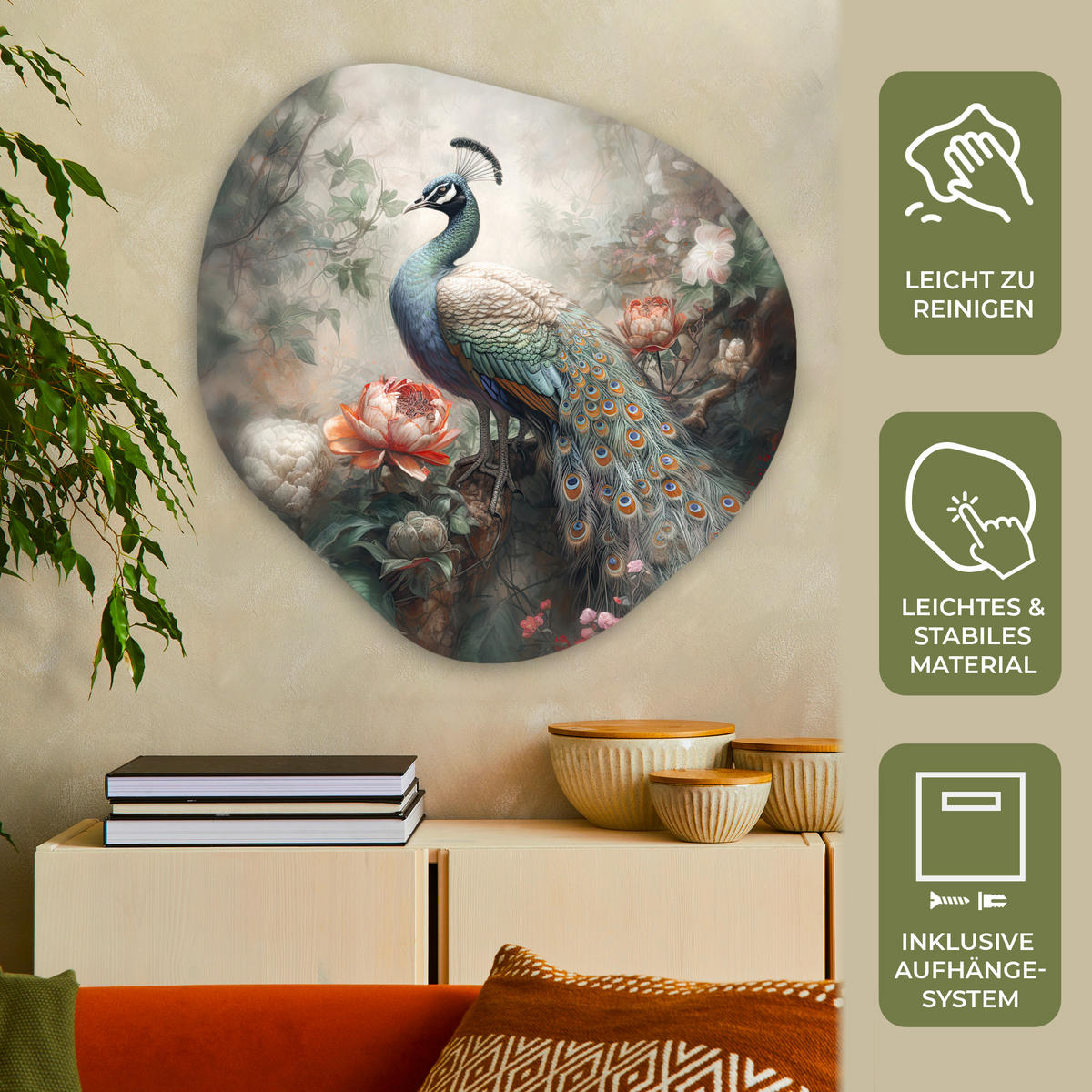 WANDBILD Pfau - Pfauenfedern - Vogel - Dschungel - Blumen 90x90 cm - Smaragdgrün, Kunststoff (90/90cm) - MuchoWow