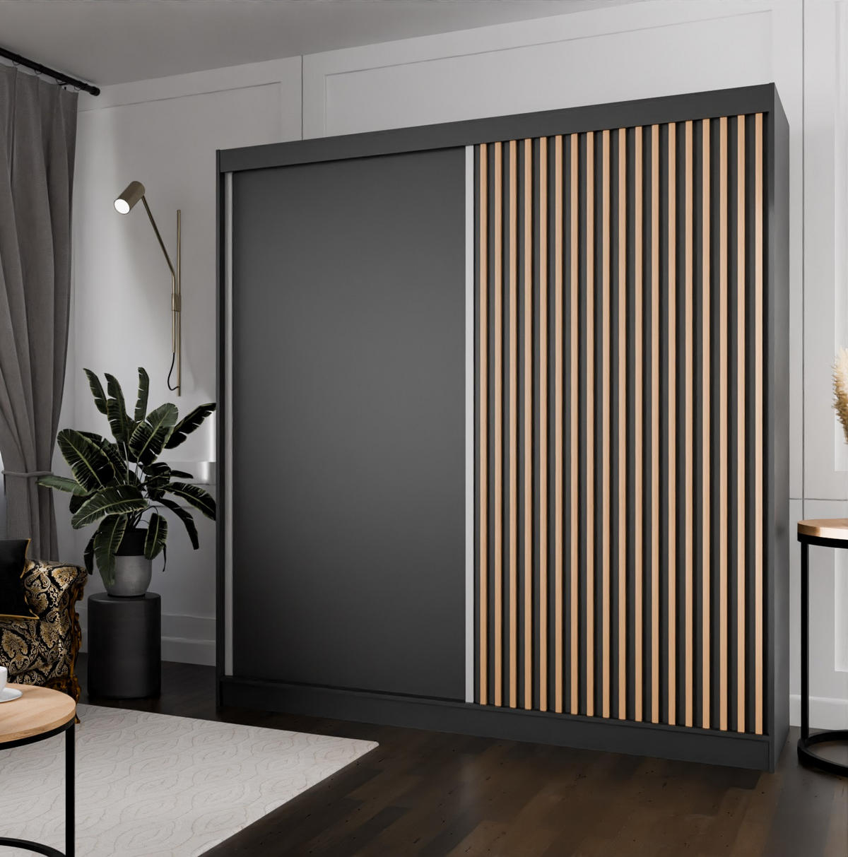 SCHRANK Schwarz Lamellen Craft Gold 200 cm - Schwarz, Holzwerkstoff (200/215/61cm) - Sepro Meble