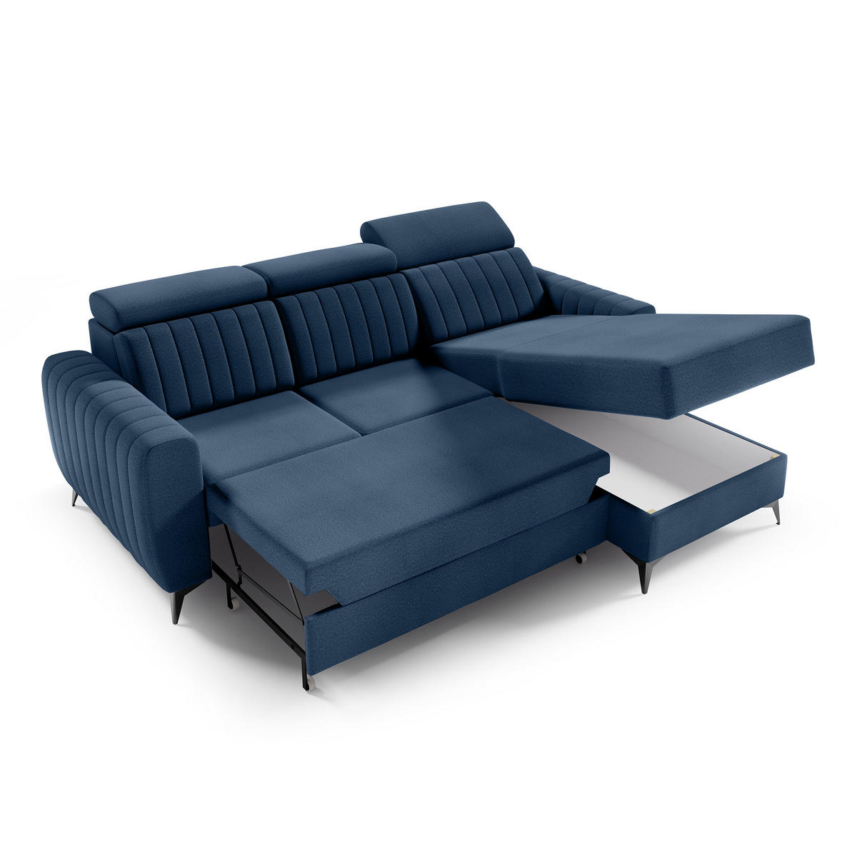 ECKSCHLAFSOFA Connor I verstellbare Kopfstützen, Dunkelblau - Schwarz/Dunkelblau, Textil (238/176cm) - Beautysofa