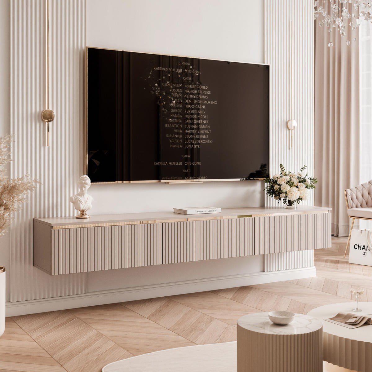 HÄNGENDER TV-Schrank SELIA 200 cm, geriffelt, Kaschmir mit goldener Zierleiste - Kaschmir, Holzwerkstoff (200/28.5/35cm) - Idohome