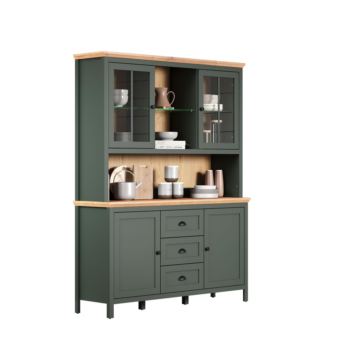 BUFFETSCHRANK mit LED-Beleuchtung, 4 Türen, 3 Schubladen und 2 Nischen H198 cm - Stanton - Grün, Holzwerkstoff (146/146/198cm) - Trendteam