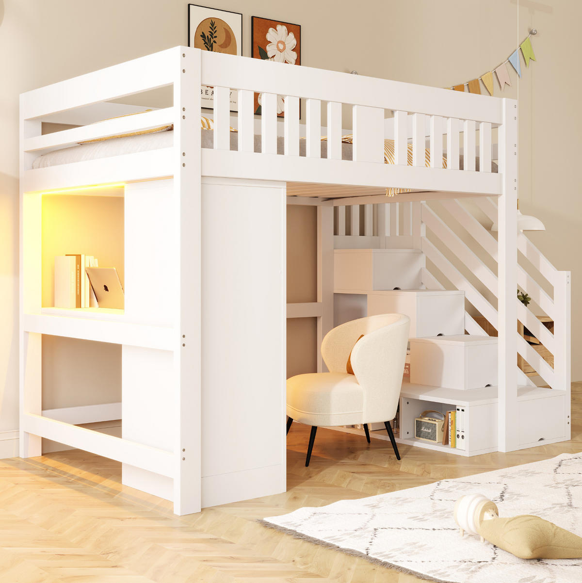 HOCHBETT 140/200 cm weiß aus Holz mit Stauraumtreppe, Schreibtisch und LED - Weiß, Holzwerkstoff (140/200cm) - OKWISH