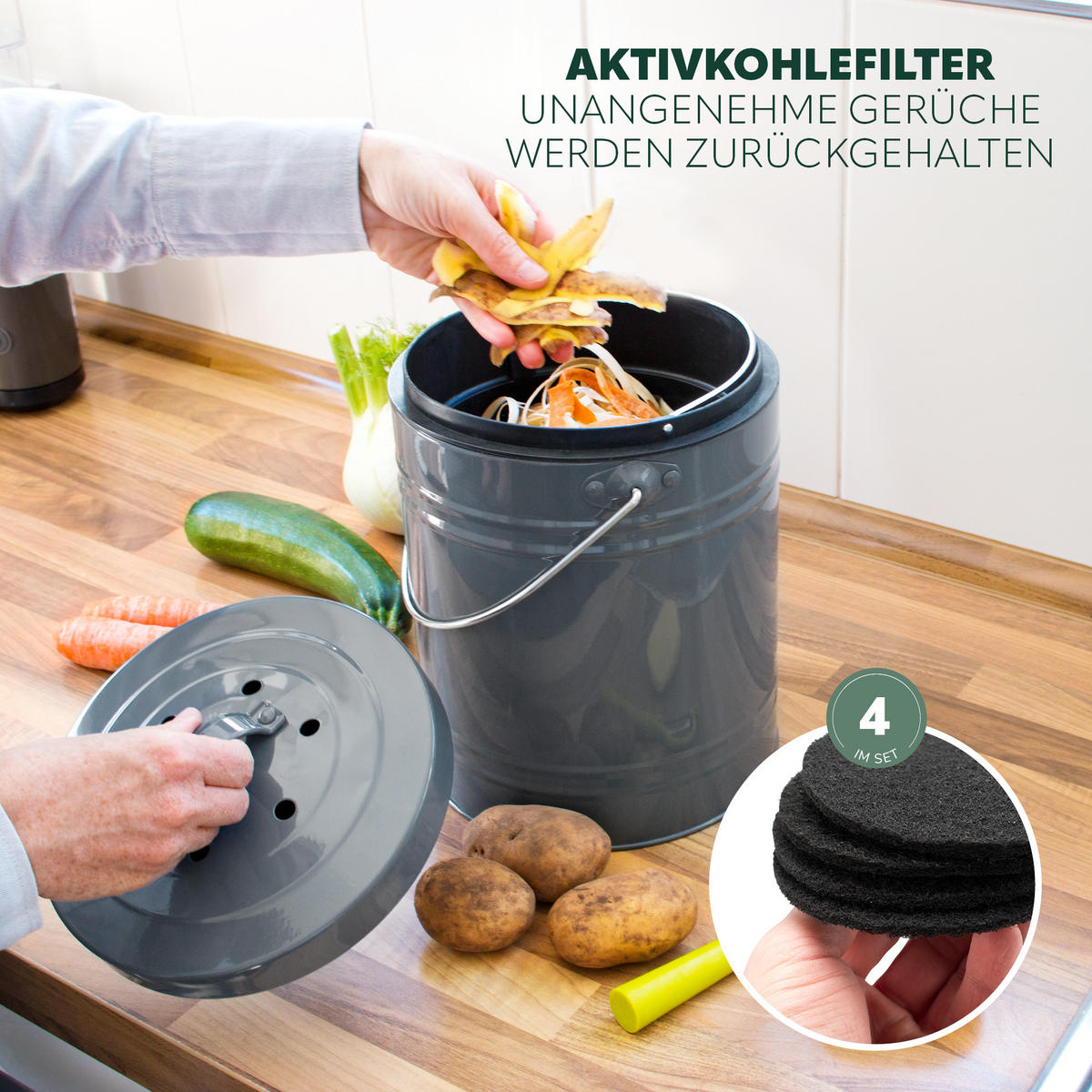 KOMPOSTEIMER 5 Liter, grau, Metall - Grau, Metall (20.5/29.5/20.5cm) - bremermann
