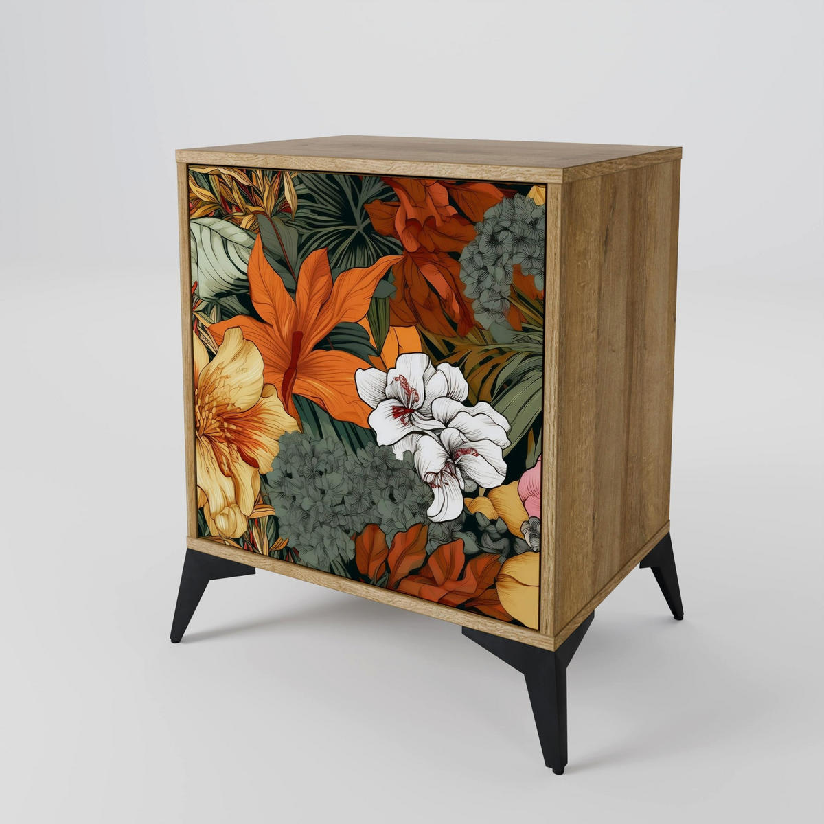 SIDEBOARD RADIANT FLORA, Eichefarben, 57,5x42x67,5 cm, Schwarze Metall-Rahmenfüße - Eichefarben/Multicolor, Holzwerkstoff/Metall (57.5/67.5/42cm) - SpaceRebels