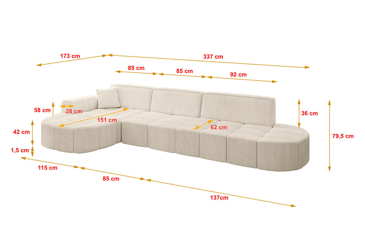 ECKSOFA Ottomane Links LIVO-L2 - 337x173x79,5 cm Beige - Beige, Holzwerkstoff/Textil (337/173cm) - ALTDECOR