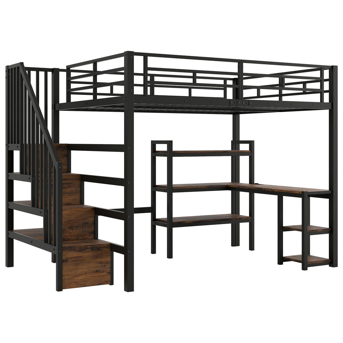 HOCHBETT 140/200 cm schwarz aus Metall und MDF mit Schreibtisch, Treppe und LED - Schwarz, Metall (140/200cm) - OKWISH