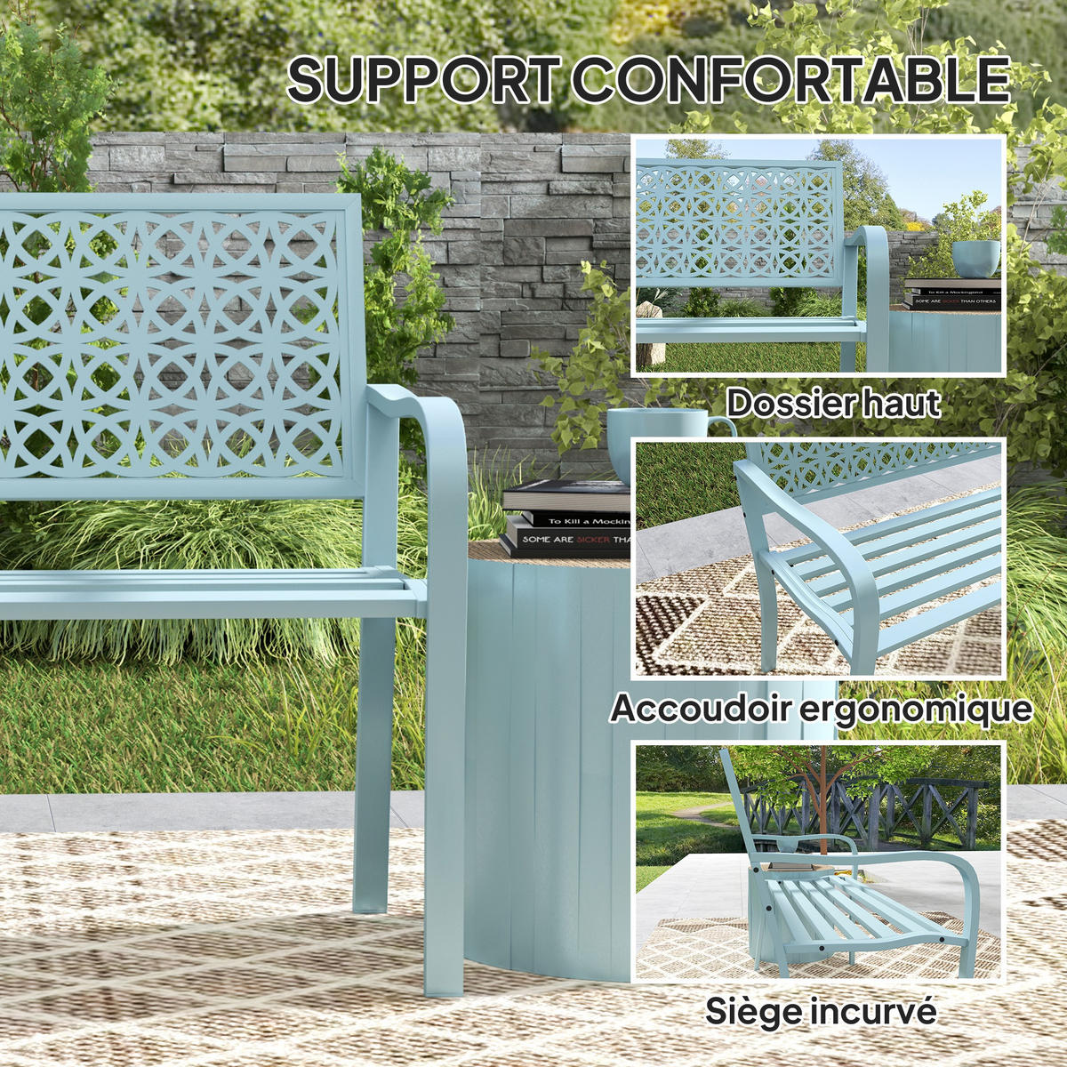 GARTENBANK DE-17784 2-Sitzer mit verziertem durchbrochenem Rücken Blau - Blau, Metall (127/85/63cm) - ComfortXL