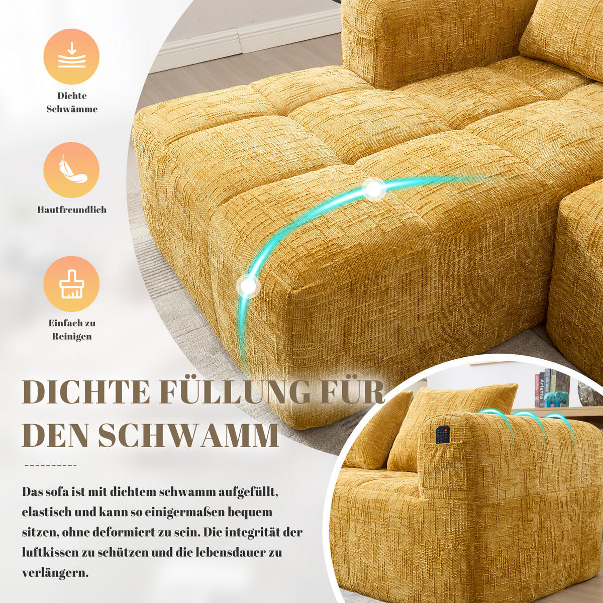 ECKSOFA chenille L-form mit chaiselongue & 3 kissen - Gelb, Textil (250/158cm) - Urban Meuble