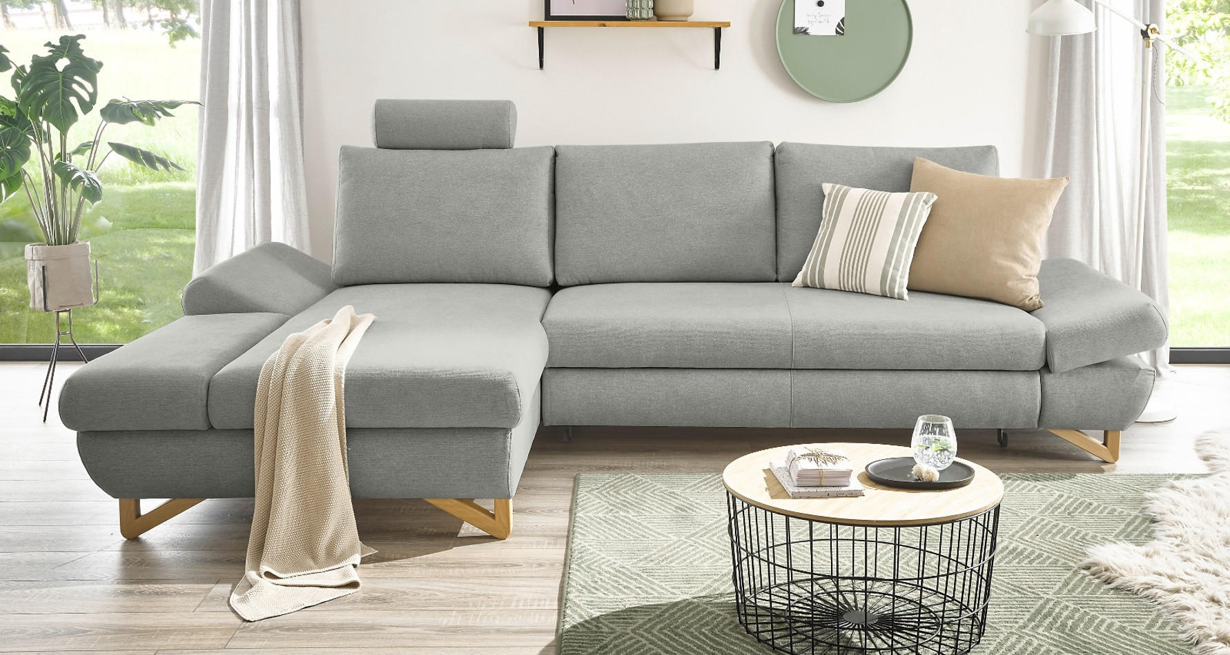 ECKSOFA hellgrau Velours, Sofa mit Bettfunktion und Stauraum 284 cm - Hellgrau, Holz/Textil (166/284cm) - Furn.Design