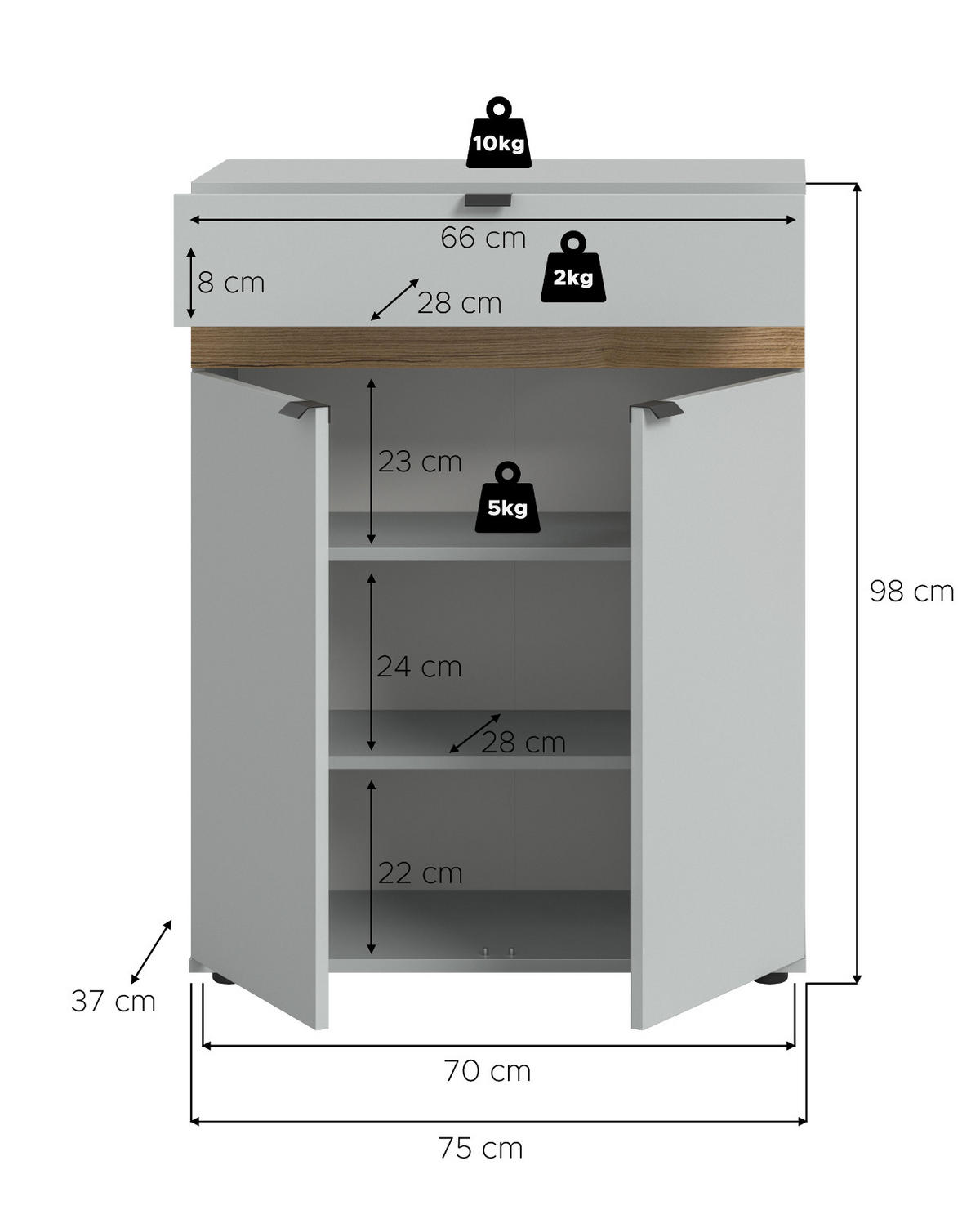 SCHUHSCHRANK grau, Evoke Eiche 75 x 98 cm, Flur Kommode mit Soft-Close - Eichefarben/Schwarz, Holzwerkstoff/Kunststoff (75/98/37cm) - Inn.Furn