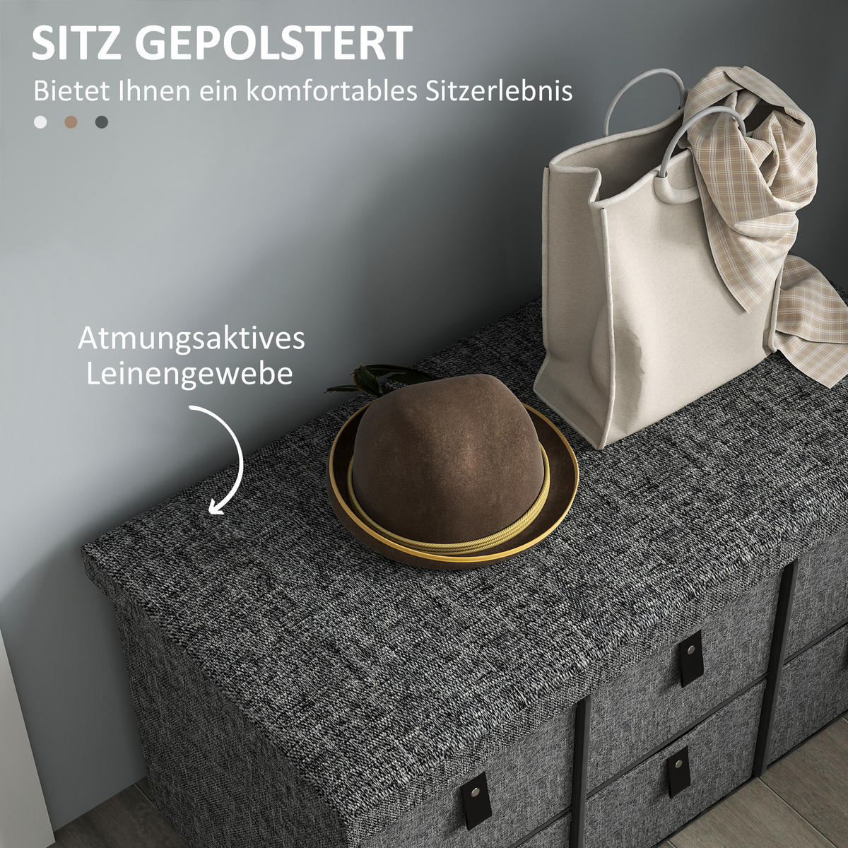 SCHUHBANK mit 6 Boxen, Dunkelgrau, 76,5 x 38 x 38 cm - Dunkelgrau, Textil (76.5/38/38cm) - HOMCOM