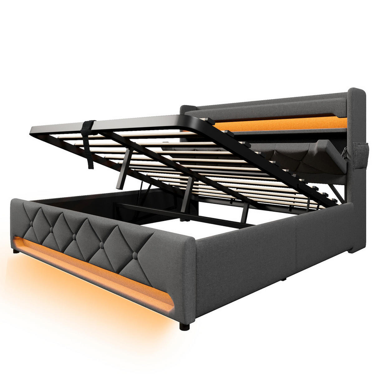 POLSTERBETT 160x200cm Doppelbett USB-C 360° LED Beleuchtung Hydraulik Grau - Grau, Holz (160/200cm) - FLIEKS