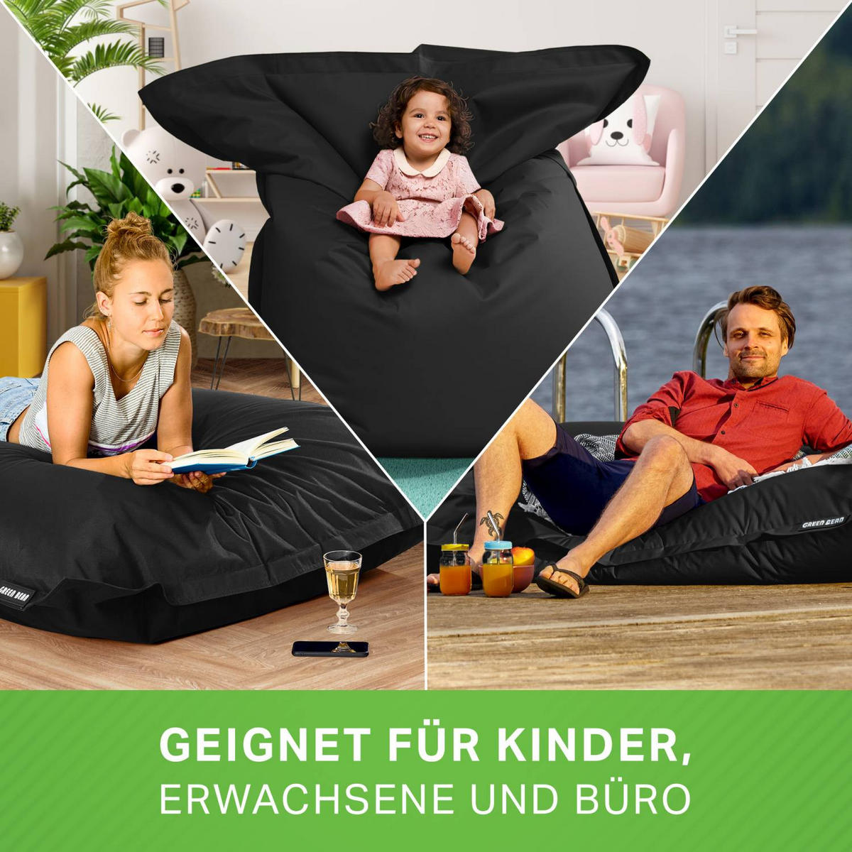 SITZSACK XXL "Square" 140x180cm - 380 L - Schwarz, Textil (140/25/180cm) - Green Bean