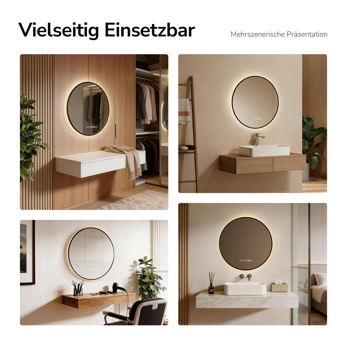BADSPIEGEL mit LED-Beleuchtung, Anti-Beschlag-Funktion und Uhrzeitanzeige, Schwarz, Ø 70 cm - Schwarz, Glas (70/70/3cm) - EMKE