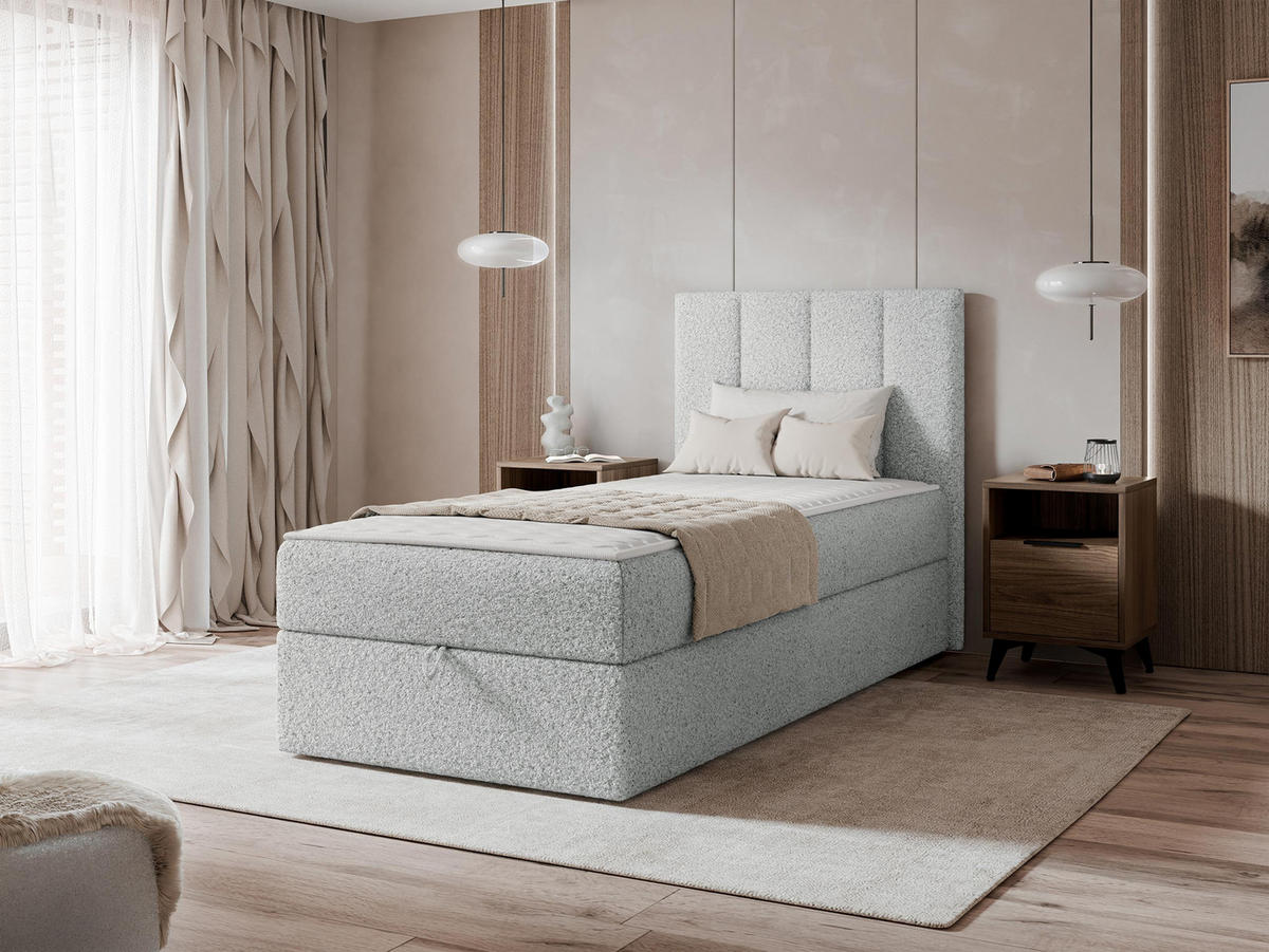 BOXBETT Rebos Single Boucle - H3 - Hellgrau, Holz/Textil (100/200cm) - MIRJAN24