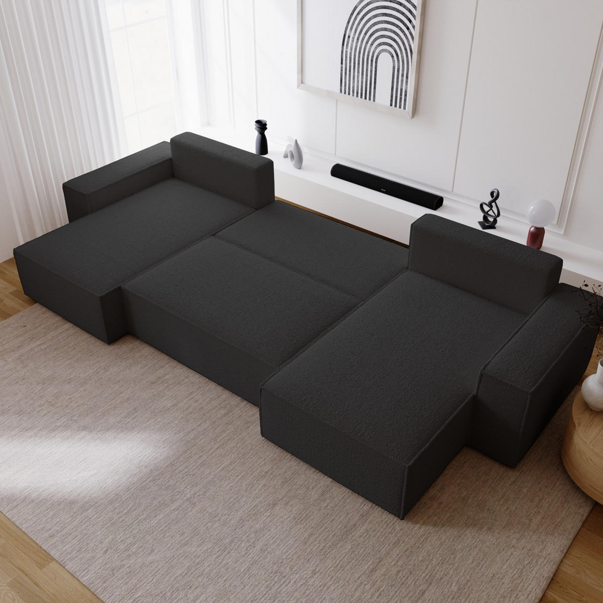 ECKCOUCH Bergamo U Bouclé mit Schlaffunktion, 380 cm, Schwarz - Schwarz, Holz (377/189cm) - Emporius