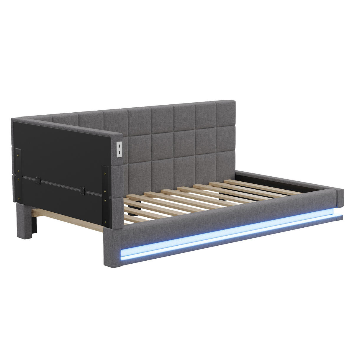 POLSTERBETT 90/200 cm mit LED-Beleuchtung, USB-Anschluss und Lattenrost aus Leinen, Grau - Grau, Textil (90/200cm) - Redom