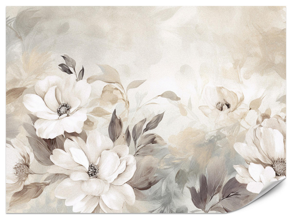 FOTOTAPETE für Schlafzimmer Abstrakte Creme Blumen Aquarell 350x256 - Beige/Braun, Papier (350/256cm) - Muralo