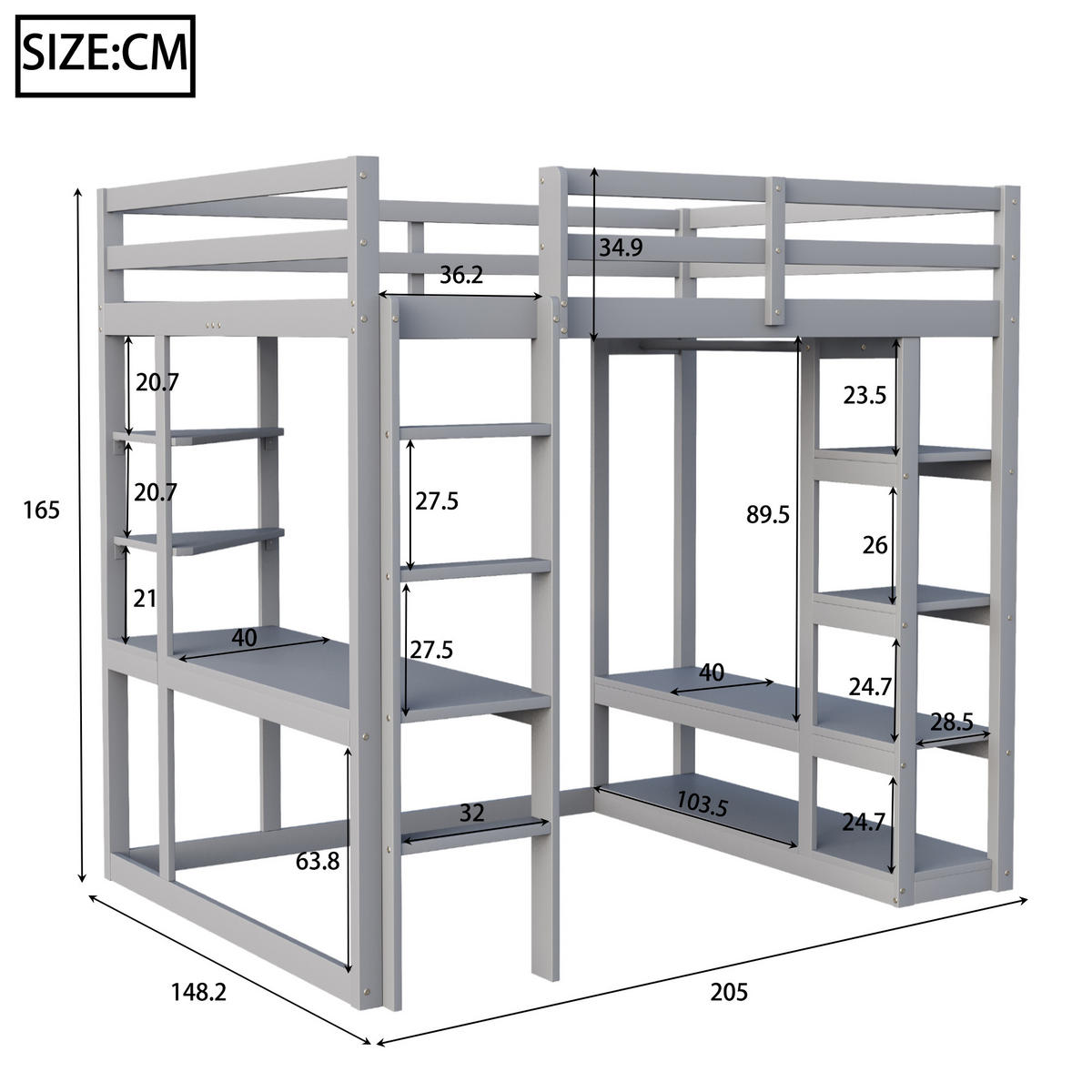 HOCHBETT 140/200 cm Grau mit Tisch und Regalen aus Massivholz - Grau, Holz (140/200cm) - OKWISH
