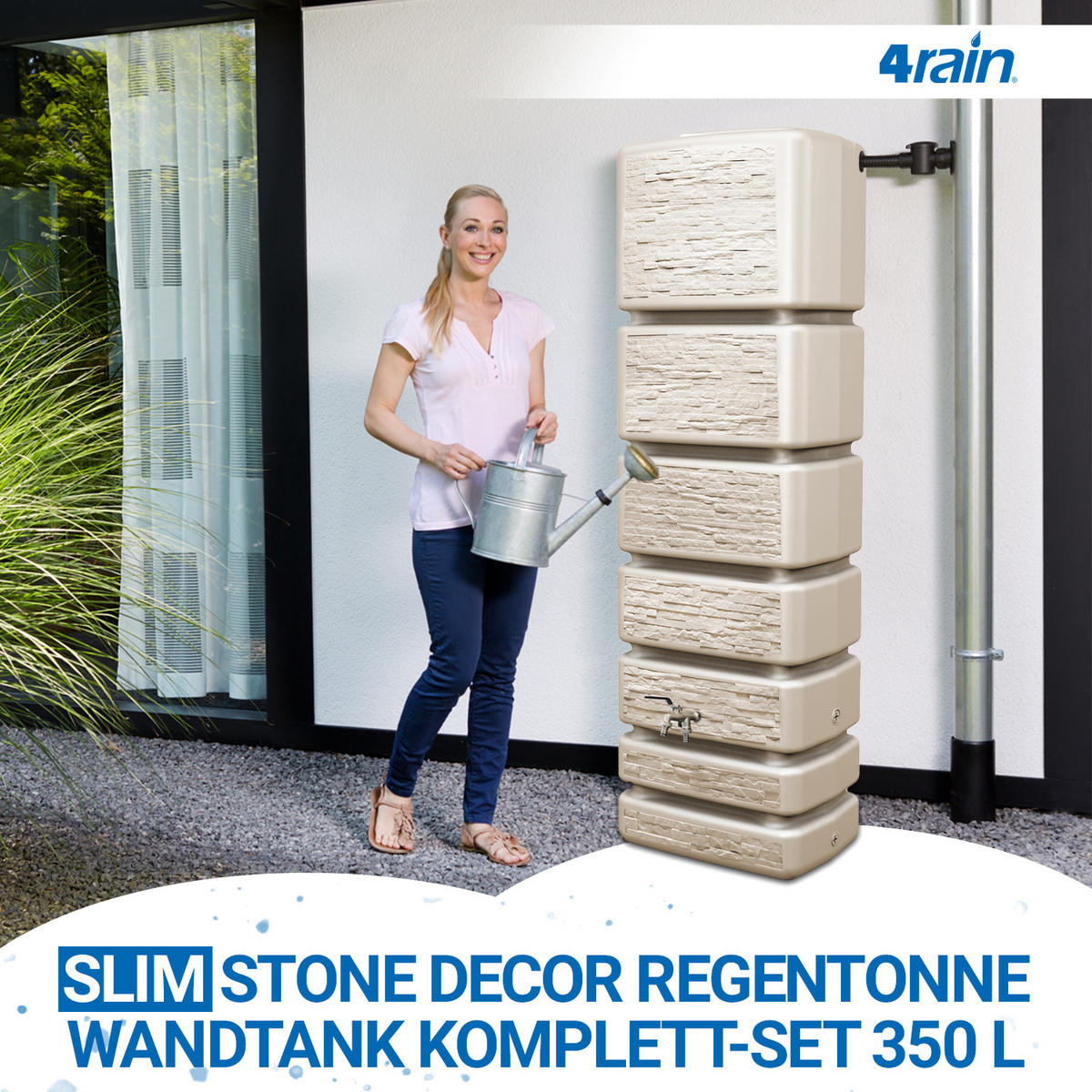 REGENTONNE Wandtank Komplett-Set 350 L, sandbeige inkl. Chrom-Doppelauslaufhahn und Fallrohranschluss - Beige, Kunststoff (39/184/60cm) - 4rain
