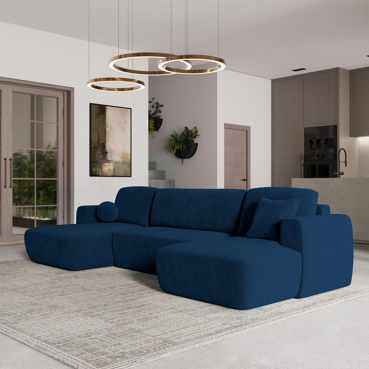 WOHNLANDSCHAFT SENTUM K Blau Plüsch-Stoff mit Schlaffunktion - Blau, Holz (330/90/148cm) - MASSENO