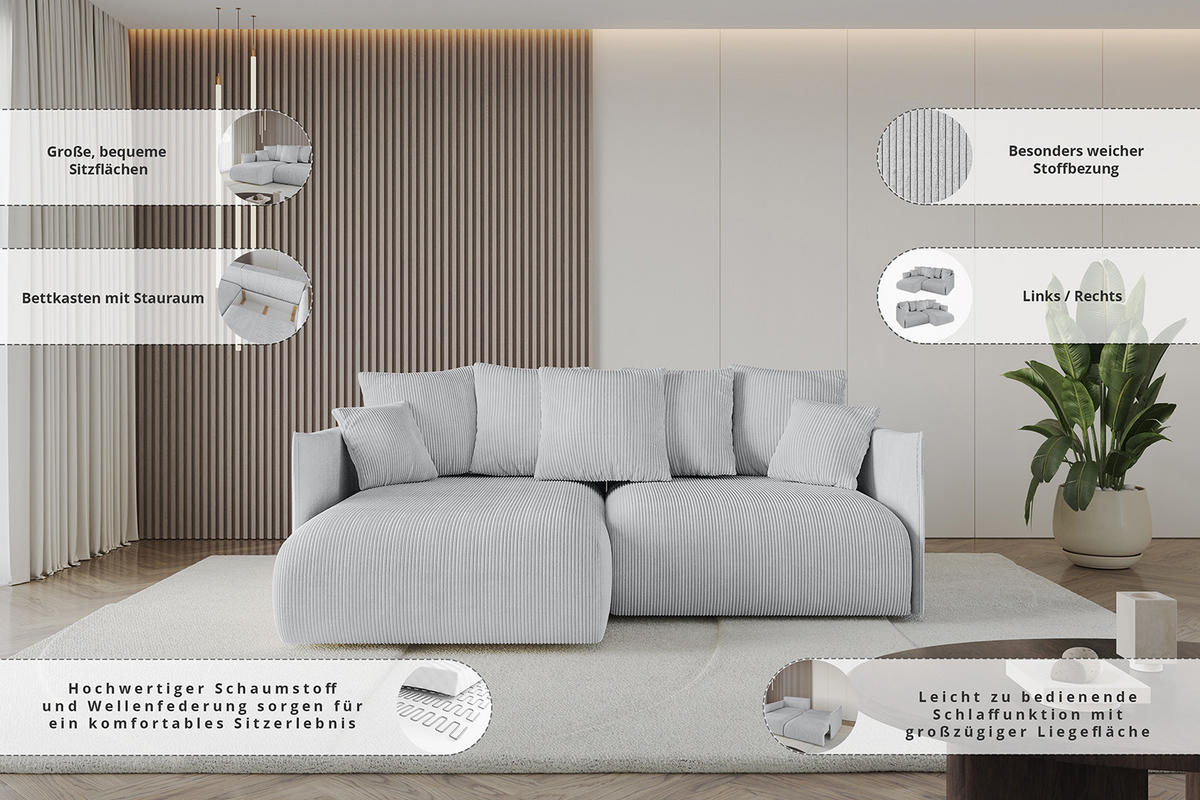ECKSOFA mit Schlaffunktion und Bettkasten ONESK-L 208x165x40 Rosa Cord - Rosa, Holzwerkstoff/Kunststoff (208/165cm) - ALTDECOR