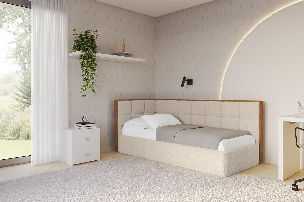 EINZELLBETT Jugendbett mit Bettkasten, Rechts - SOVY 100x200 Dunkelbeige - Taupe, Holzwerkstoff/Textil (100/200cm) - ALTDECOR
