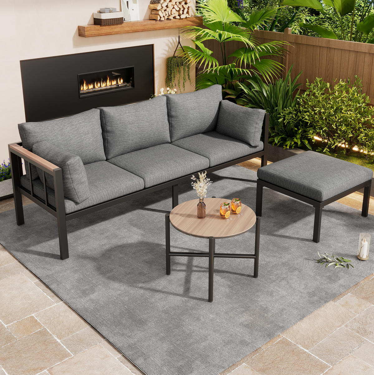GARTENMÖBEL-SET mit Couchtisch und Hocker, verzinkter Stahlrahmen und Glastischplatte, Grau - Grau, Textil - Redom