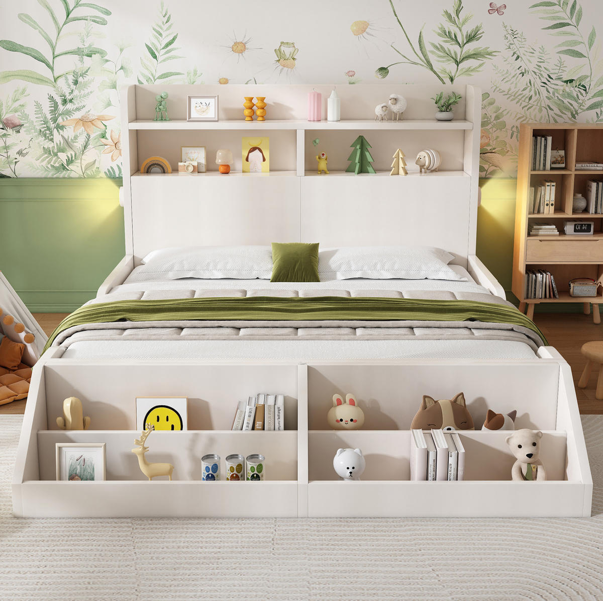 KINDERBETT 140/200 cm in Weiß mit Nachtlichtern und abnehmbarem Bücherregal - Weiß, Holz (140/200cm) - Flora Grace