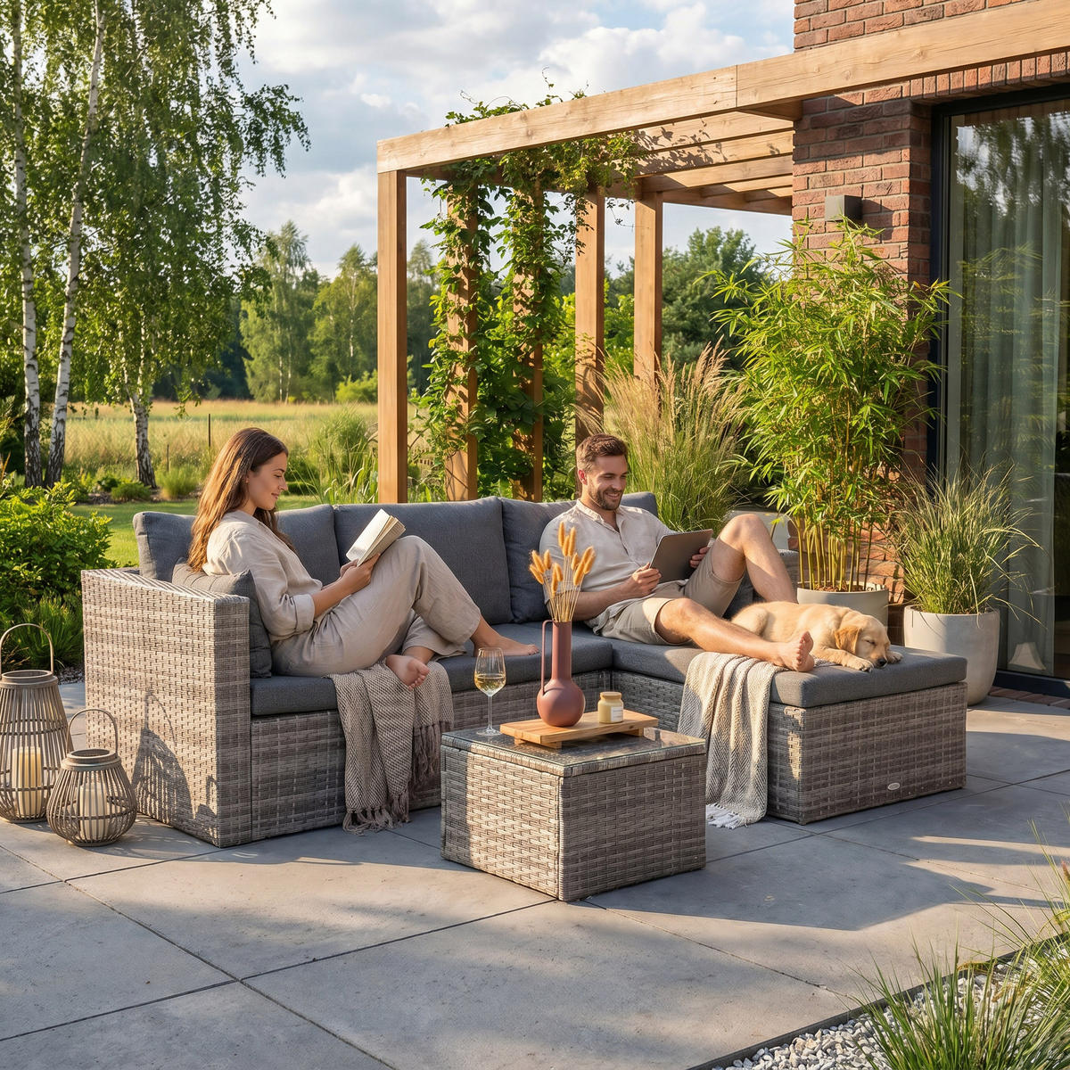 GARTENSET Sevilla, aus Technorattan, Ecksofa mit Couchtisch, Grau - Grau, Kunststoff - Beautysofa