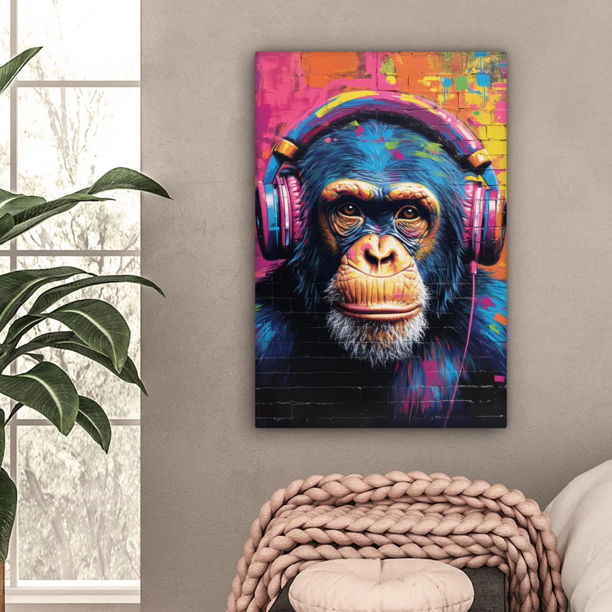 LEINWANDBILD Graffiti - Schimpanse - Straßenkunst - Kopfhörer - Affe Wanddeko Schlafzimmer 60x90 cm - Blau, Textil (60/90cm) - MuchoWow
