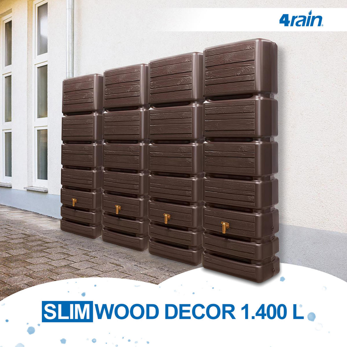 WANDTANK Komplett-Set 1400 L dark 4 x 350 L inkl. Verbindungsset, Kunststoff-Auslaufhahn und Fallrohranschluss - Braun, Kunststoff (270/184/39cm) - 4rain
