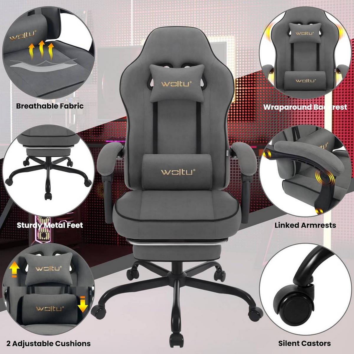GAMINGSTUHL Drehstuhl, Tech-Stoff, Grau - Schwarz/Grau, Kunststoff/Textil (63.5/117.5/60cm) - Woltu