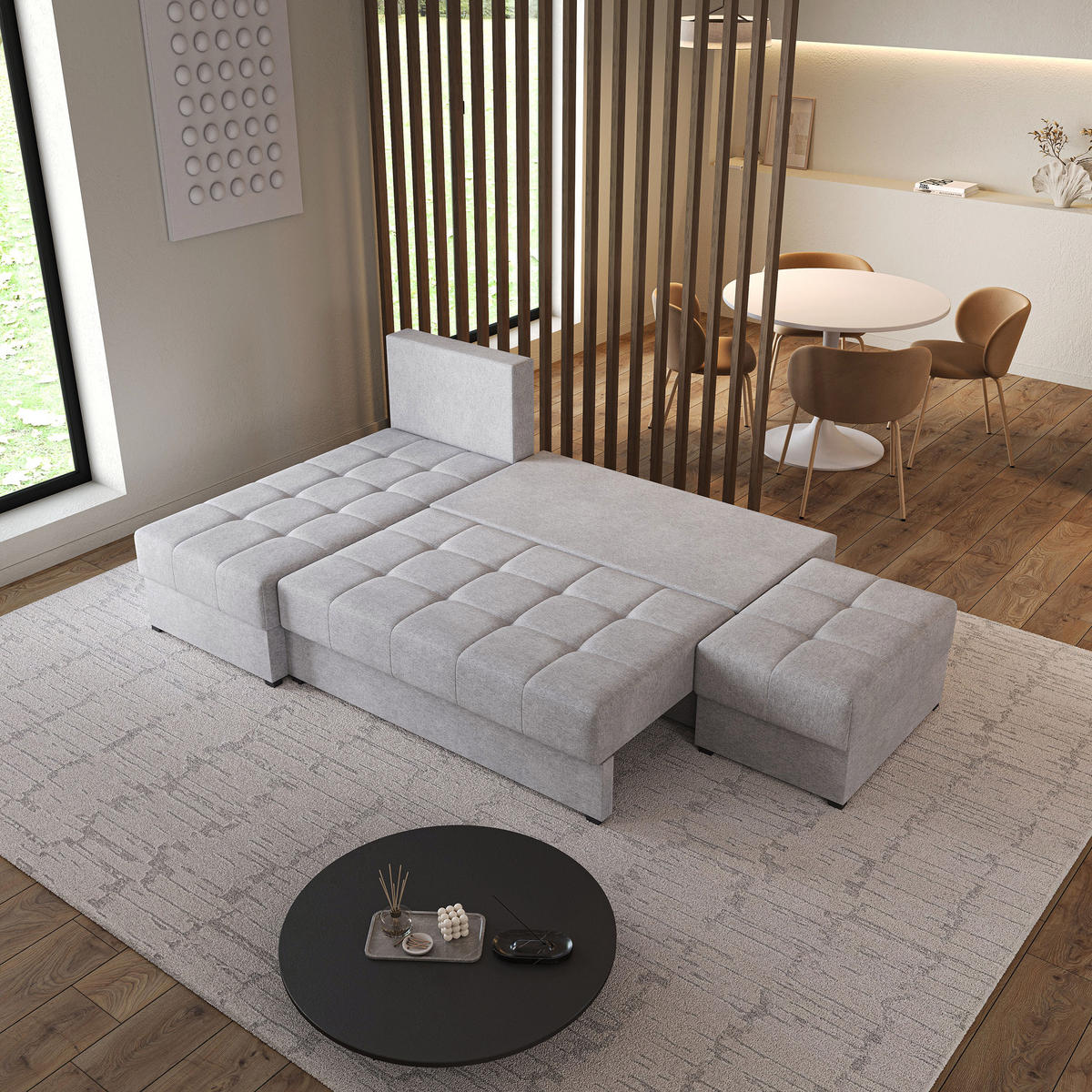 ECKSOFA NORVI Hellgrau Geflochtener Stoff mit Schlaffunktion - Hellgrau, Holz (251/143cm) - MASSENO