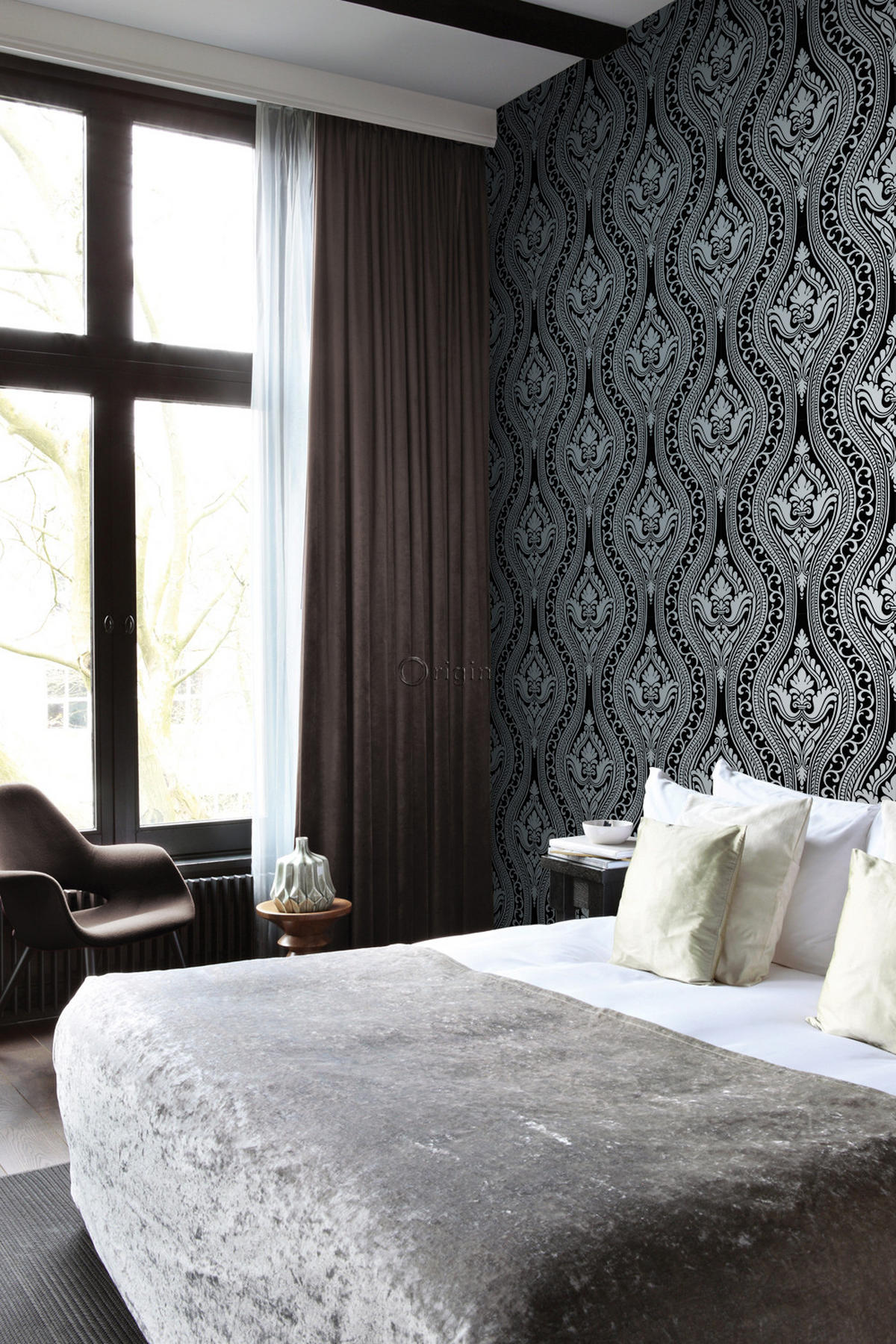 TAPETE Flock-Barockmuster 53 cm x 10.05 m - Schwarz, Papier (53/1000cm) - Origin Wallcoverings