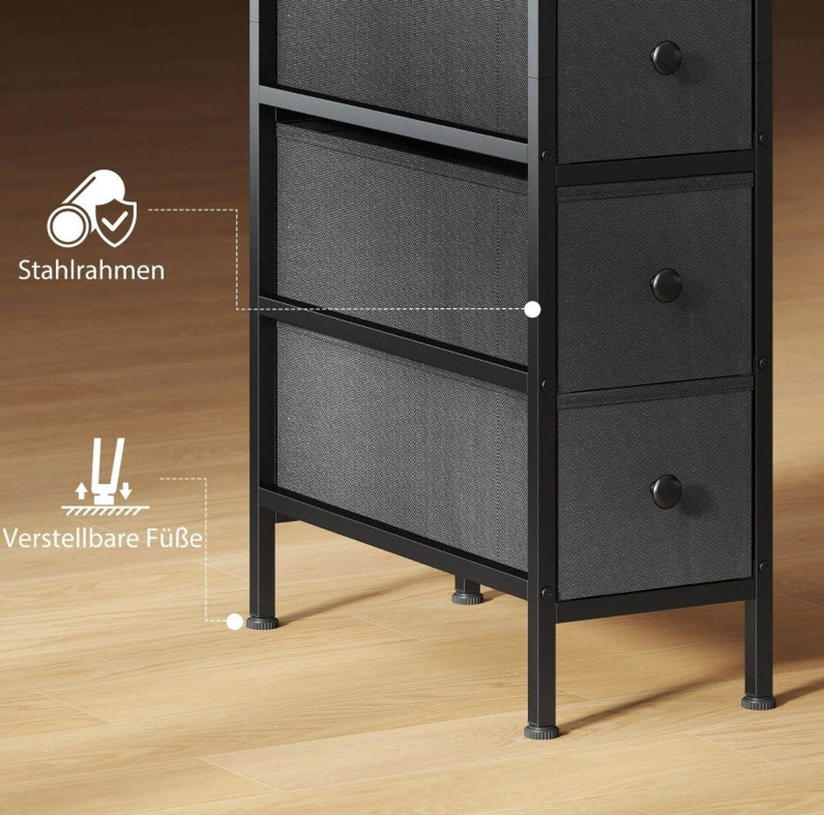 KOMMODE 20/43/81,5 cm mit 4 Schubladen und Stahlgestell - Schwarz, Holz (20/81.5/43cm) - BEAOK