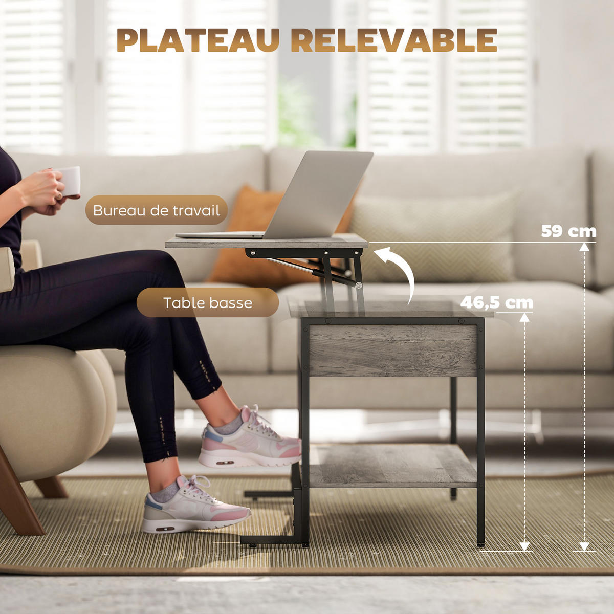 COUCHTISCH DE-15792 klappbare Platte Grau - Grau, Holzwerkstoff (95/40/59cm) - ComfortXL