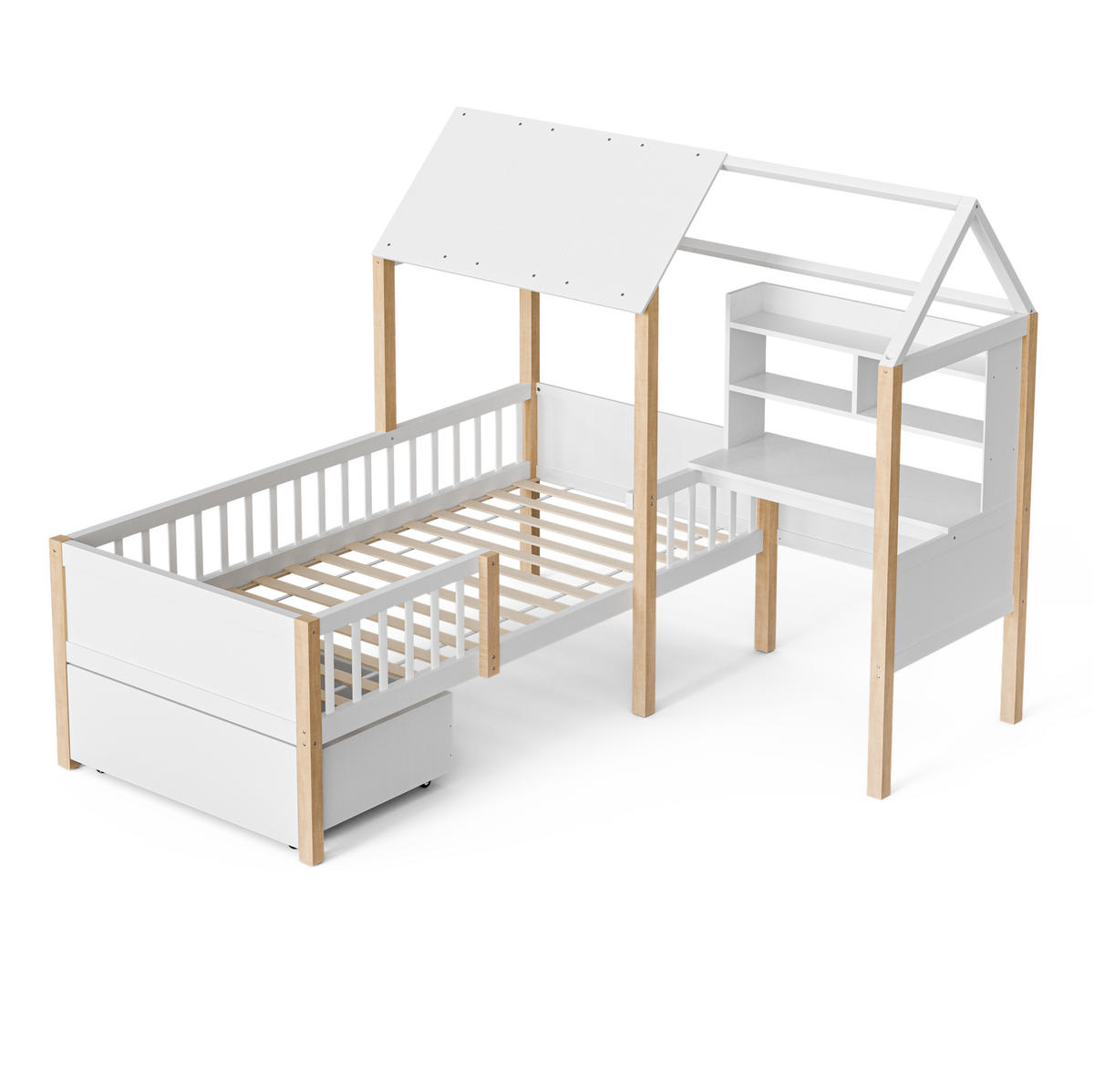 HAUSBETT aus 90x200 cm Weiß mit Schreibtisch, Bücherregal, Rollschubladen und Rausfallschutz - Weiß, Holzwerkstoff (90/200cm) - Modfu